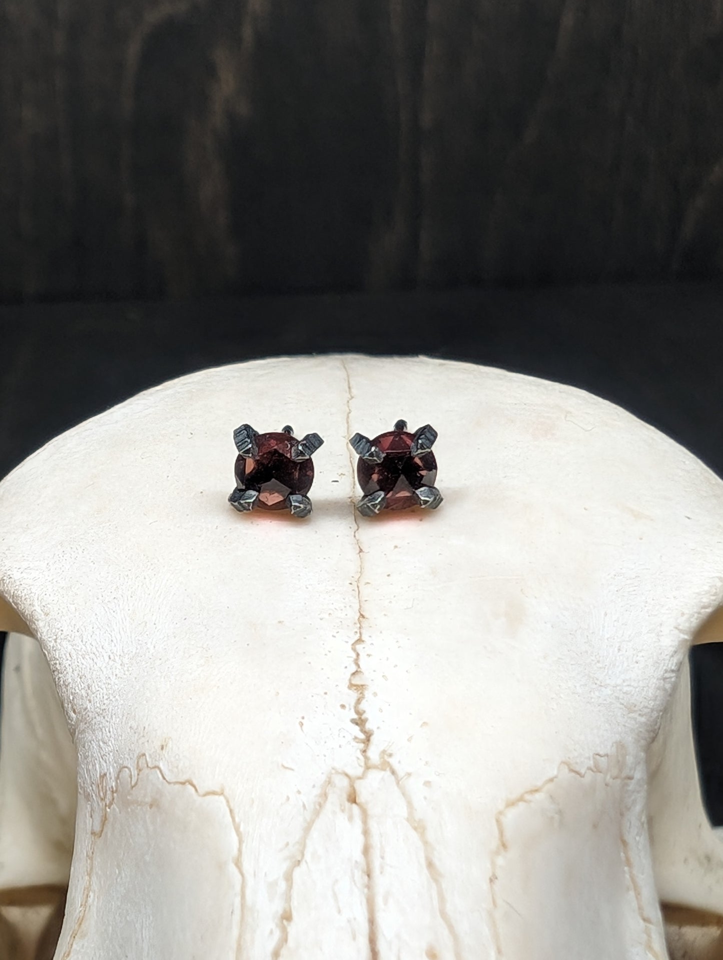 Small Faceted Garnet Sterling Silver Textured Stud Earrings