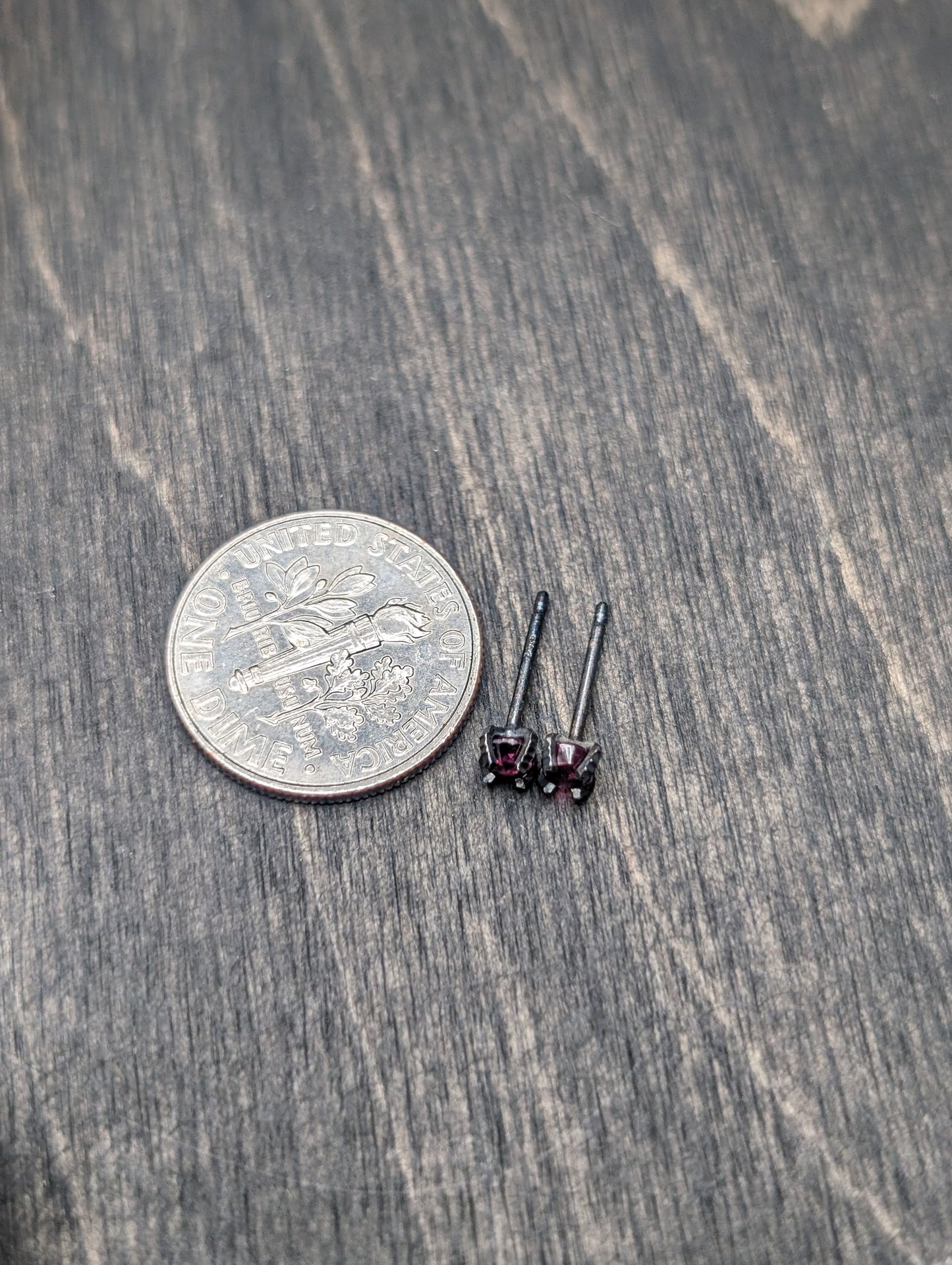 Tiny Round Facted Rhodolite Garnet Sterling Silver Textured Stud Earrings