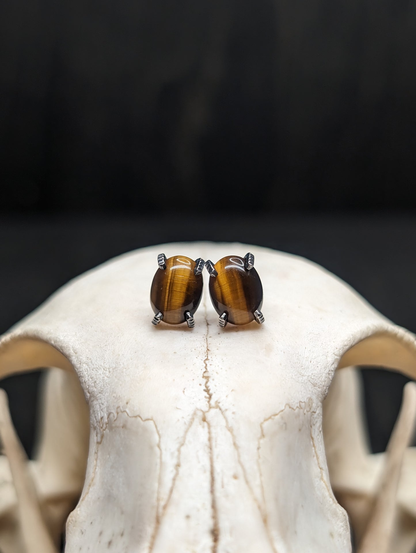Oval Tigers Eye Sterling Silver Textured Stud Earrings