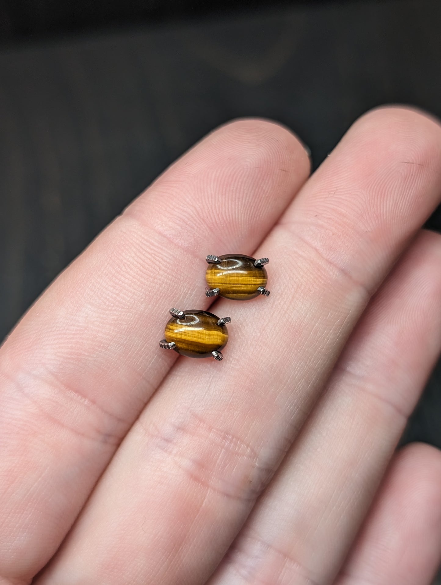 Oval Tigers Eye Sterling Silver Textured Stud Earrings