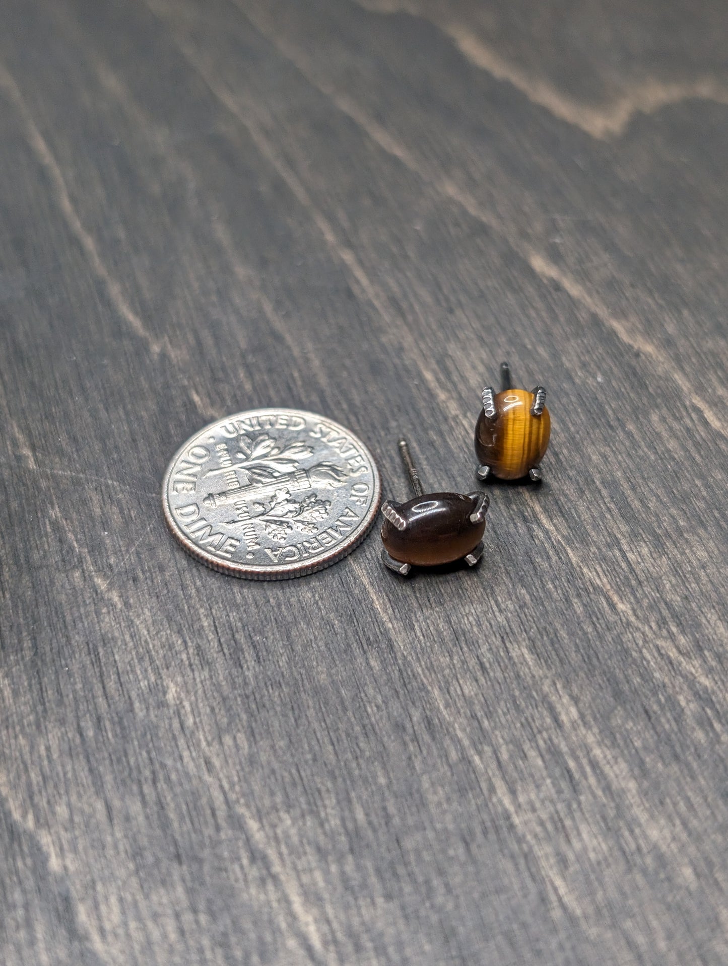 Oval Tigers Eye Sterling Silver Textured Stud Earrings
