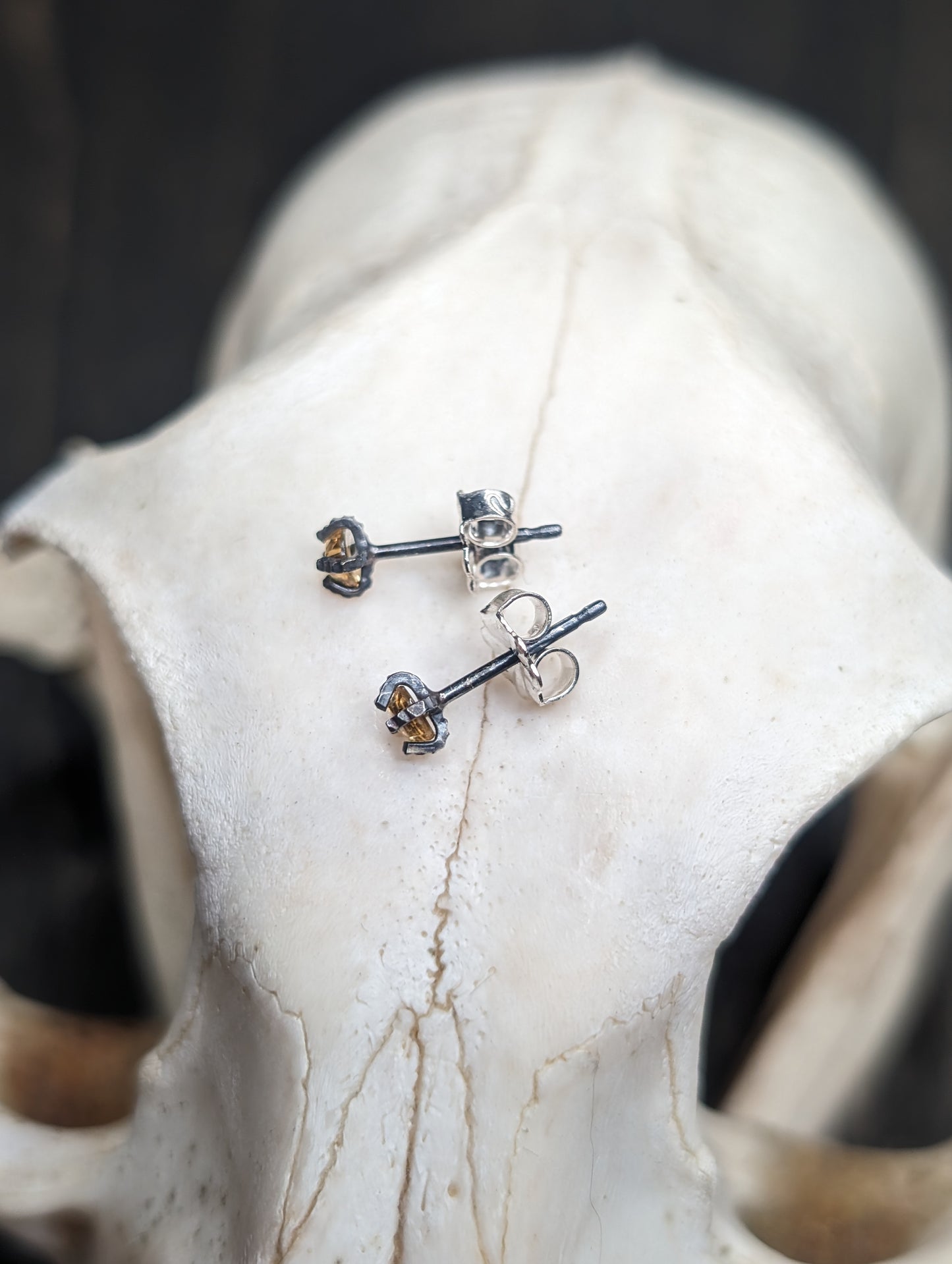 Tiny Faceted Citrine Sterling Silver Textured Stud Earrings