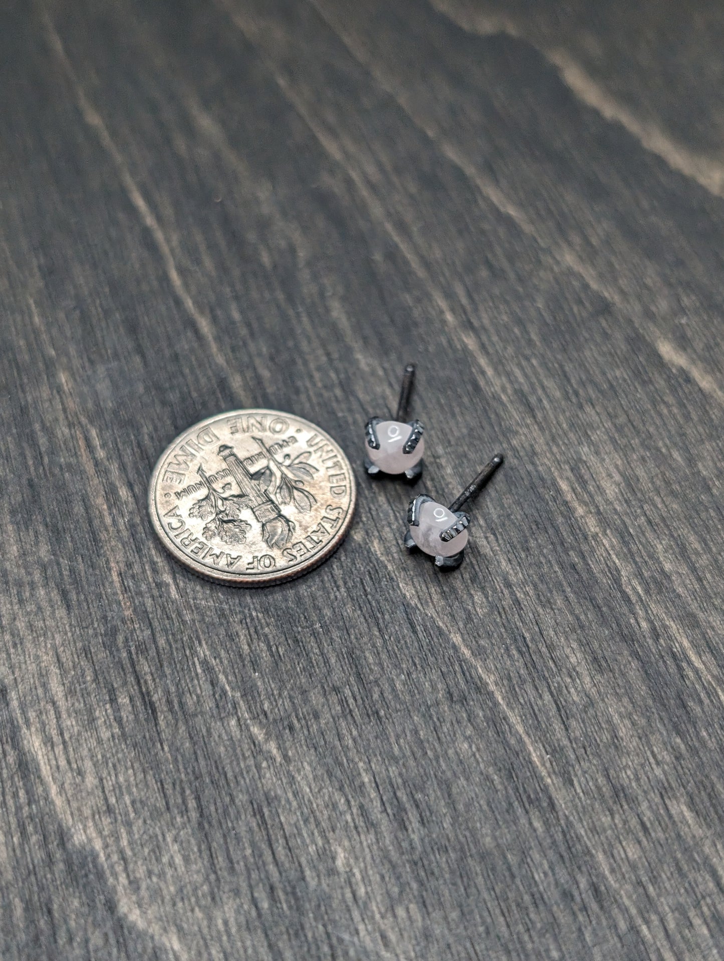 Smooth Round Rose Quartz Tourmaline Sterling Silver Textured Stud Earrings