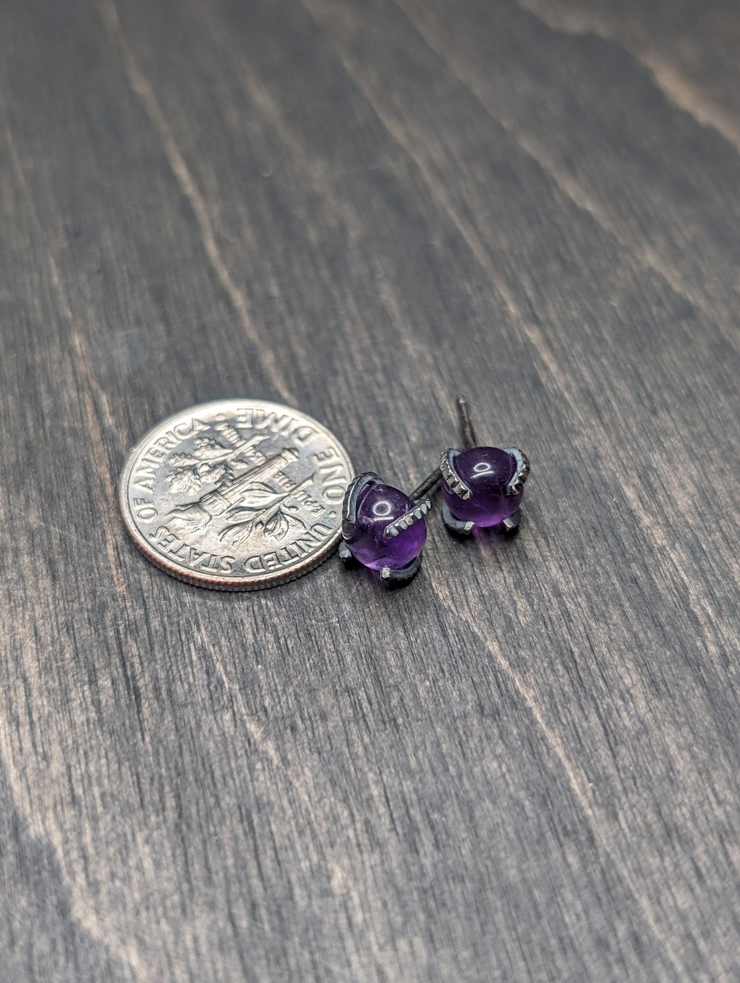 Smooth Round Amethyst Sterling Silver Textured Stud Earrings