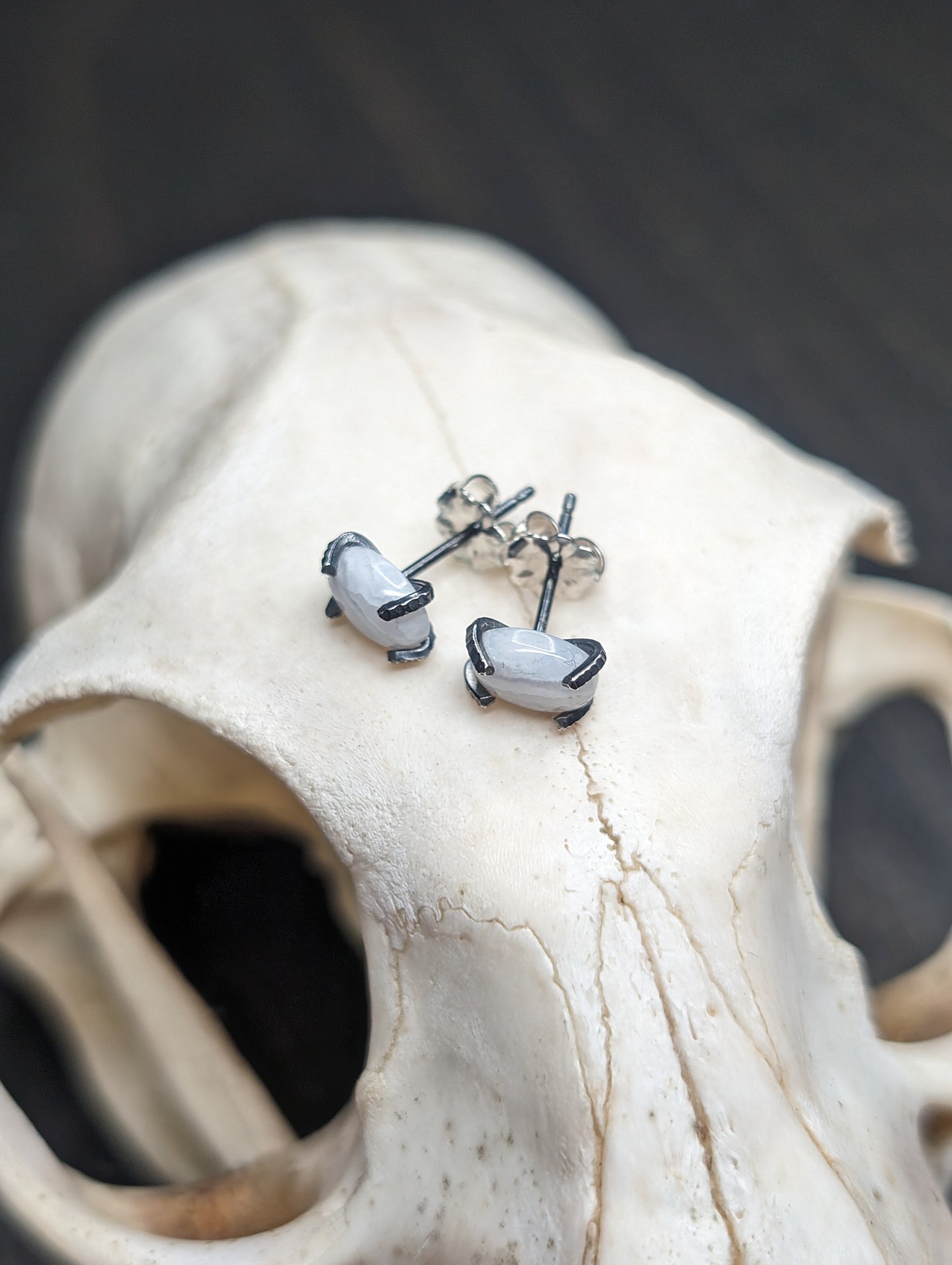 Oval Blue Lace Agate Sterling Silver Textured Stud Earrings