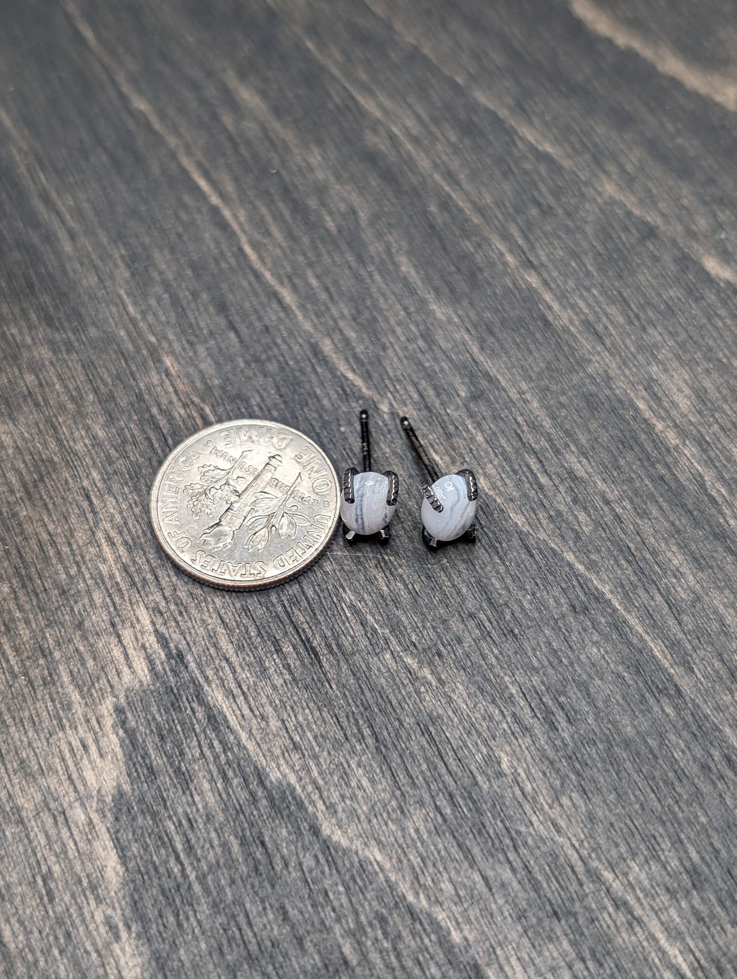 Oval Blue Lace Agate Sterling Silver Textured Stud Earrings