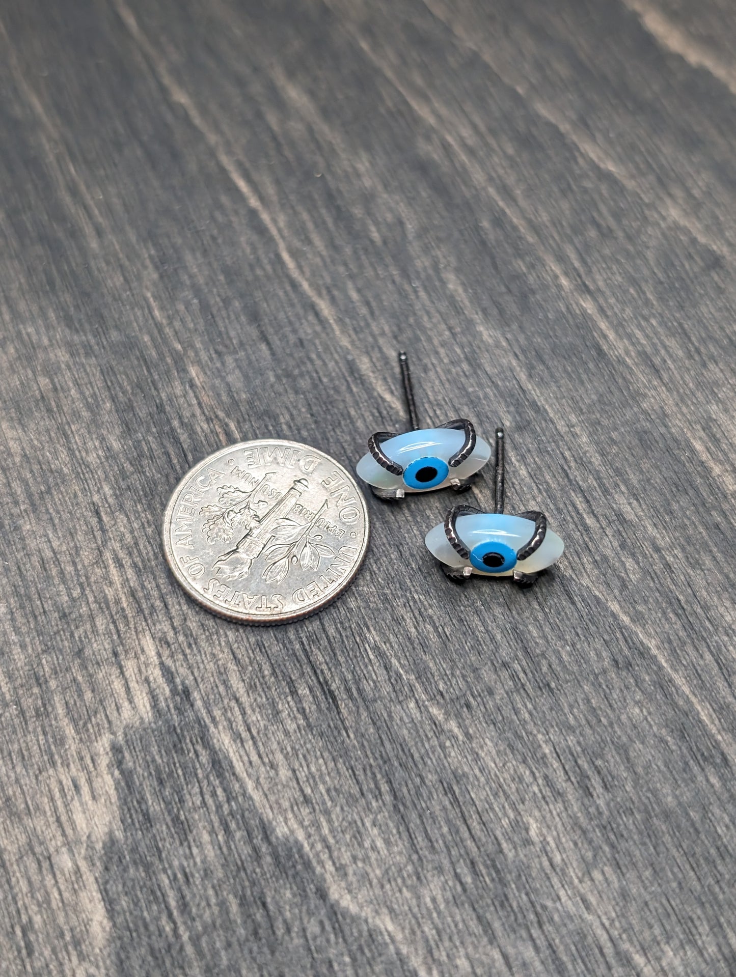 Mother of Pearl Evil Eye Sterling Silver Textured Stud Earrings