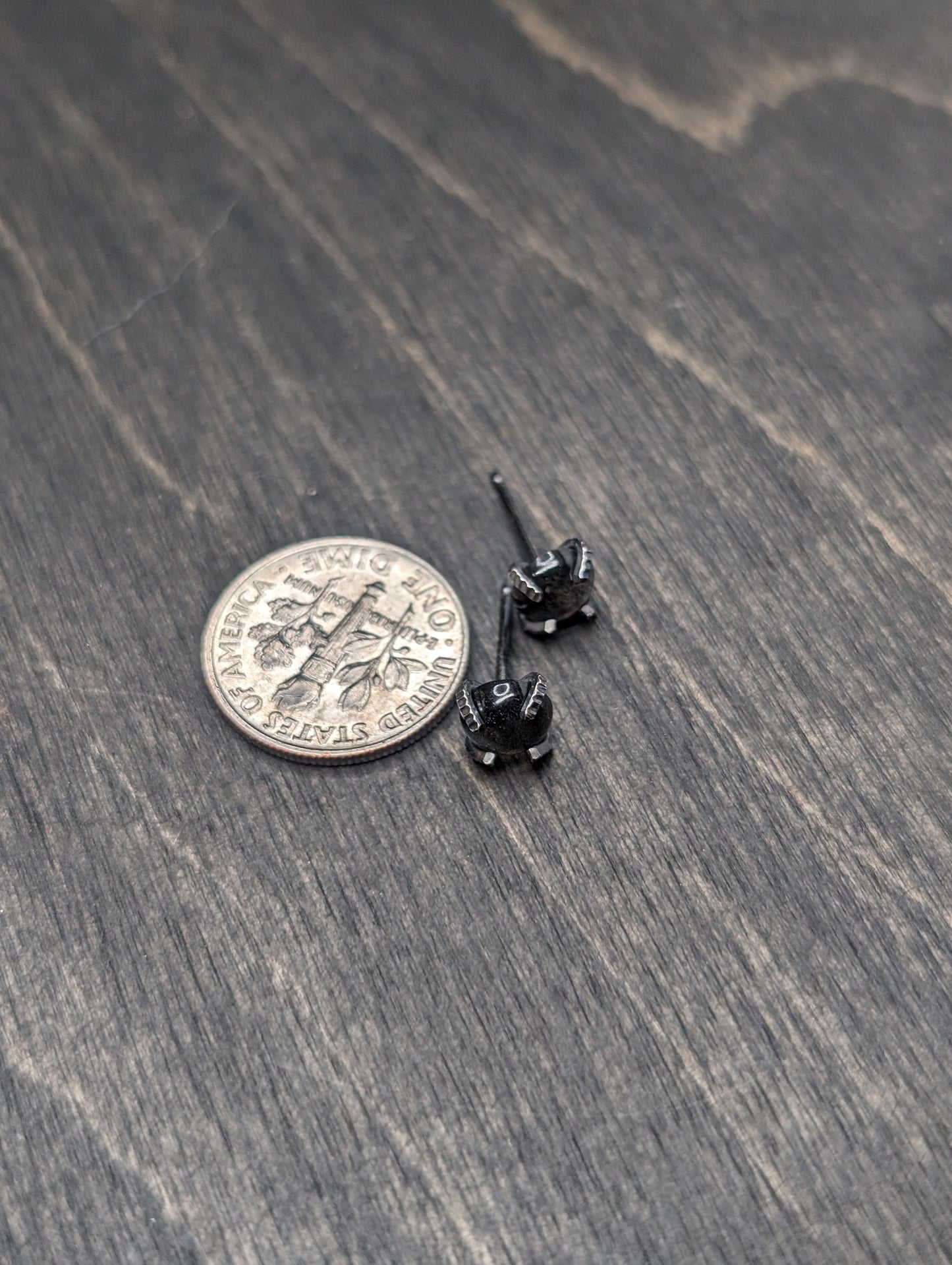 Round Black Moonstone Sterling Silver Textured Stud Earrings