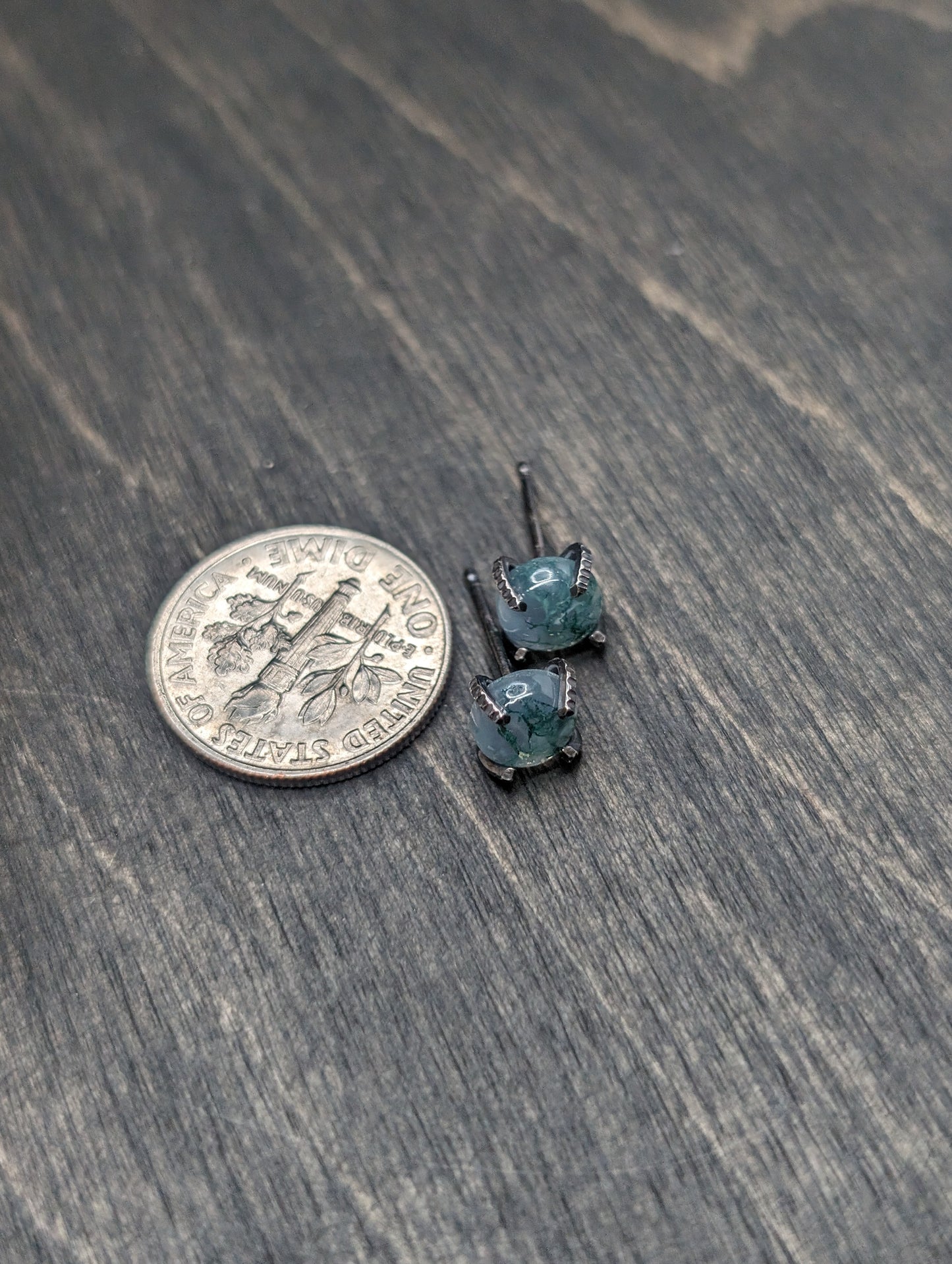 Smooth Round Moss Agate Sterling Silver Textured Stud Earrings