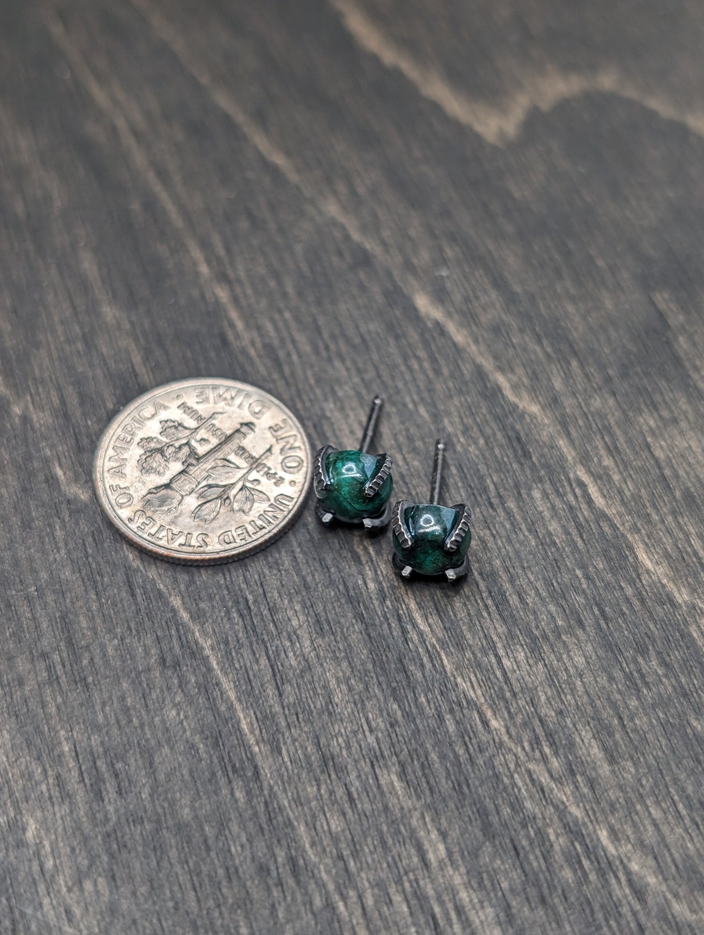 Round Malachite Sterling Silver Textured Stud Earrings