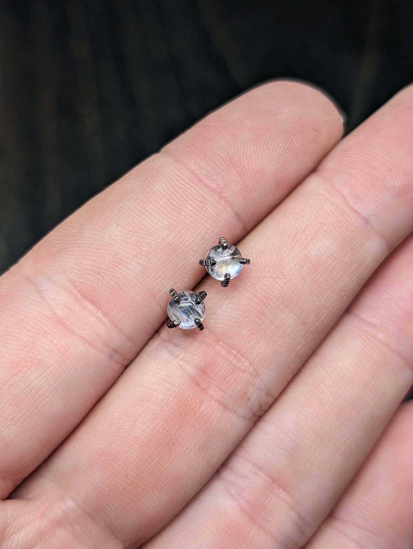 Round Rainbow Moonstone Sterling Silver Textured Stud Earrings