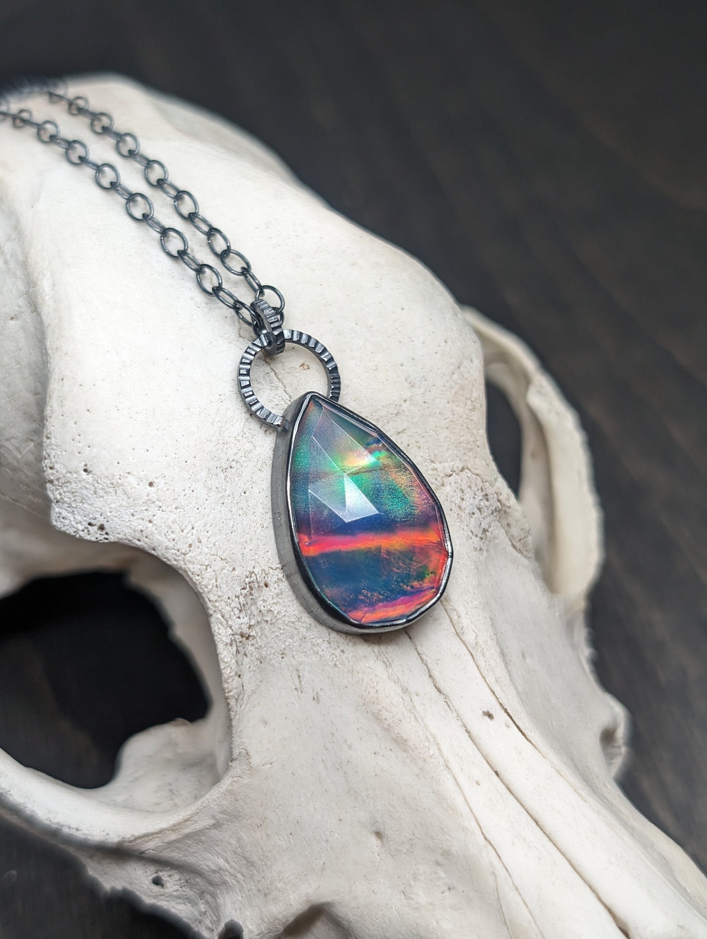 Large Aurora "Opal" Oval Textured Sterling Silver Necklace