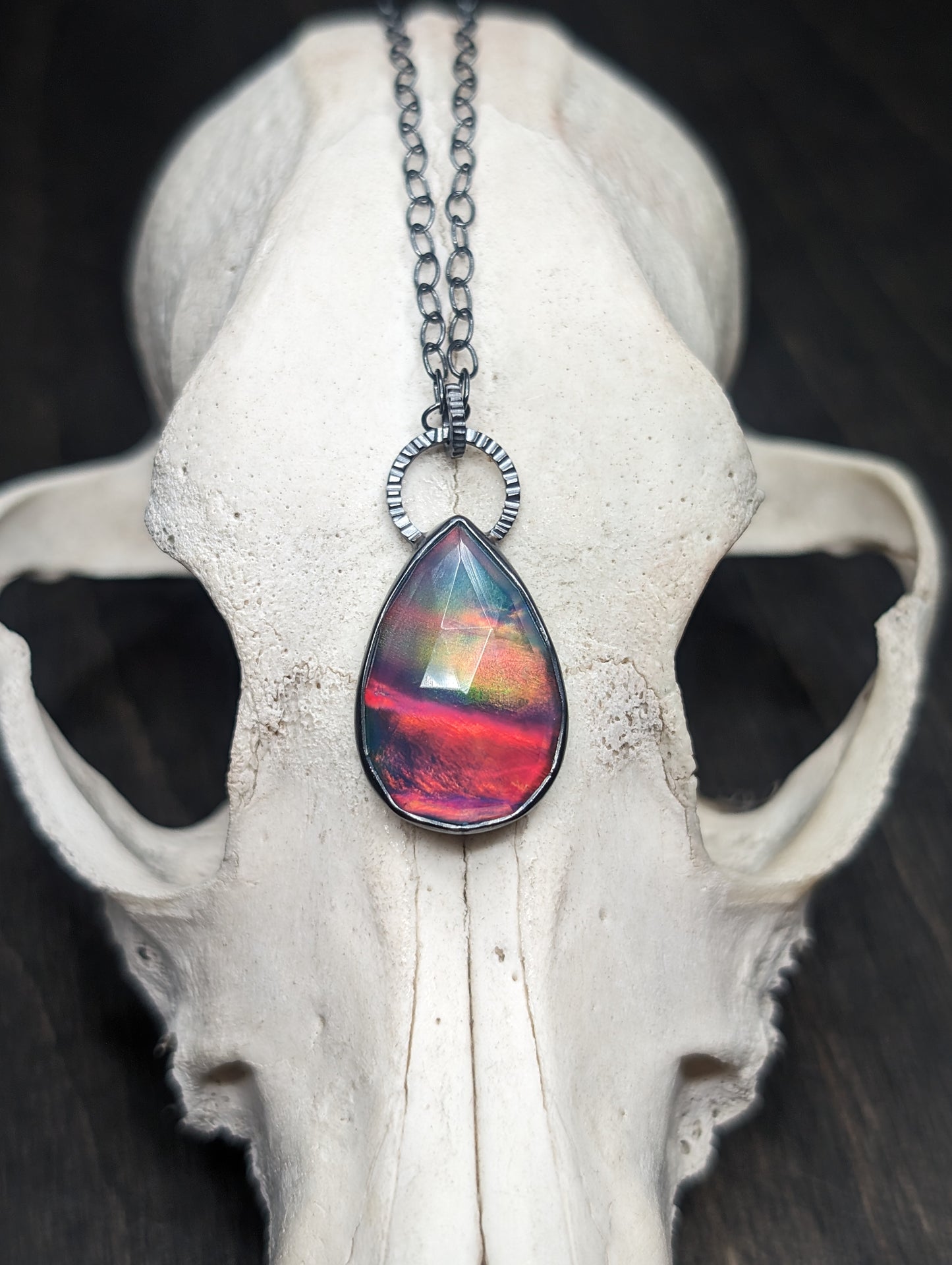 Large Aurora "Opal" Oval Textured Sterling Silver Necklace