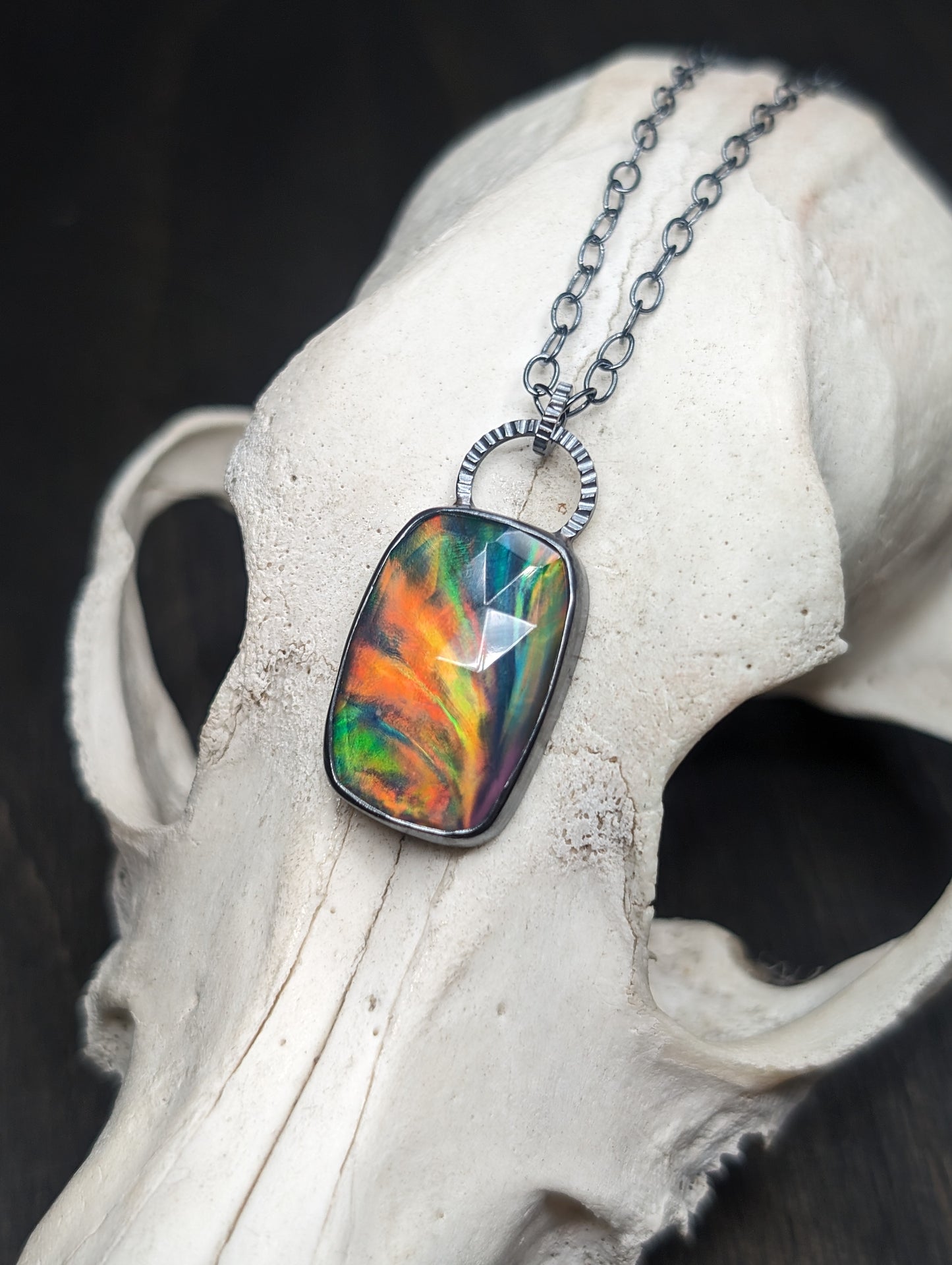Large Aurora "Opal" Oval Textured Sterling Silver Necklace