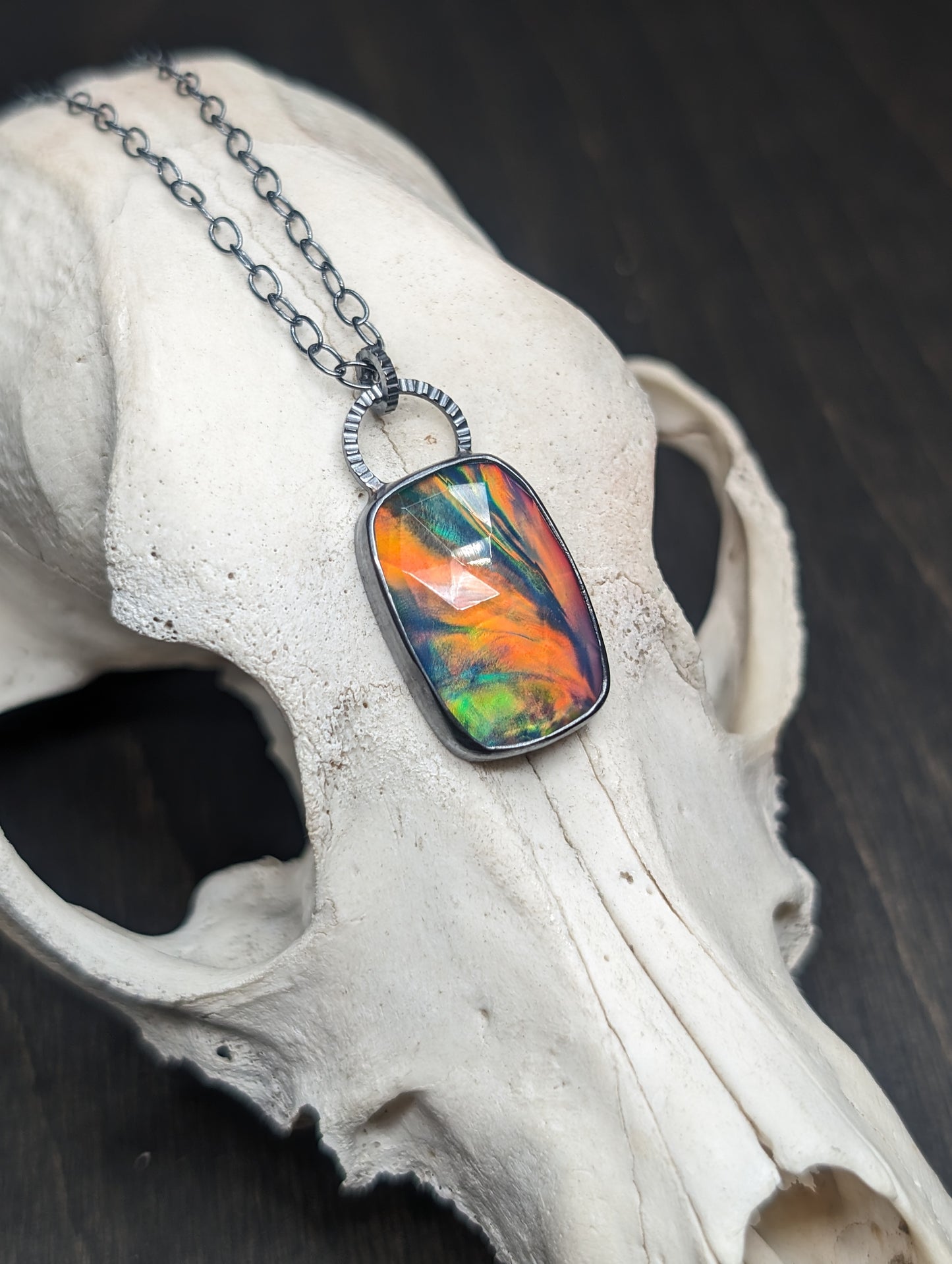 Large Aurora "Opal" Oval Textured Sterling Silver Necklace