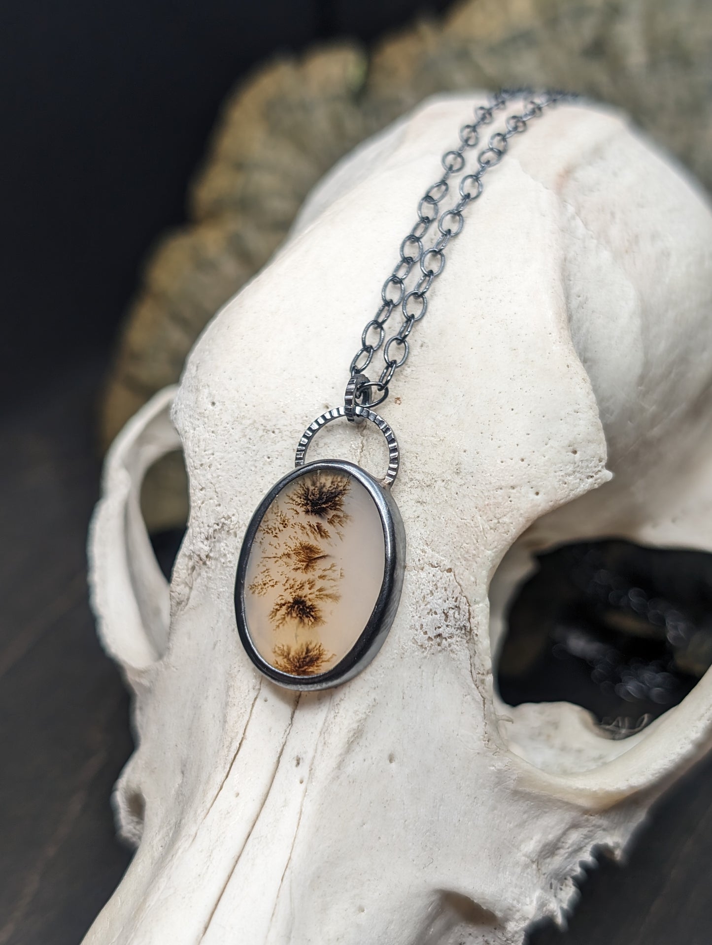 Dendritic Agate Large Oval Slice Textured Sterling Silver Necklace
