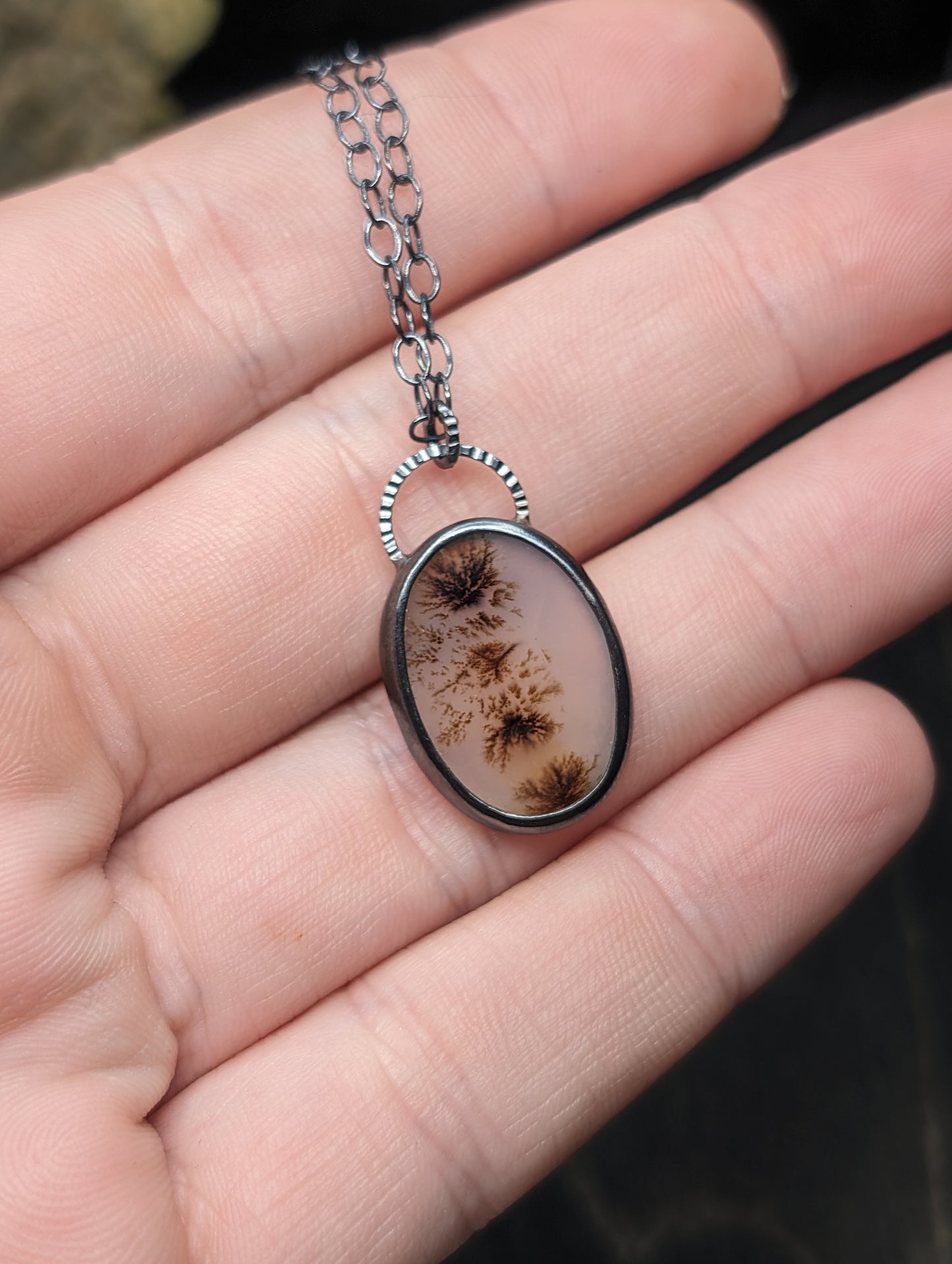 Dendritic Agate Large Oval Slice Textured Sterling Silver Necklace