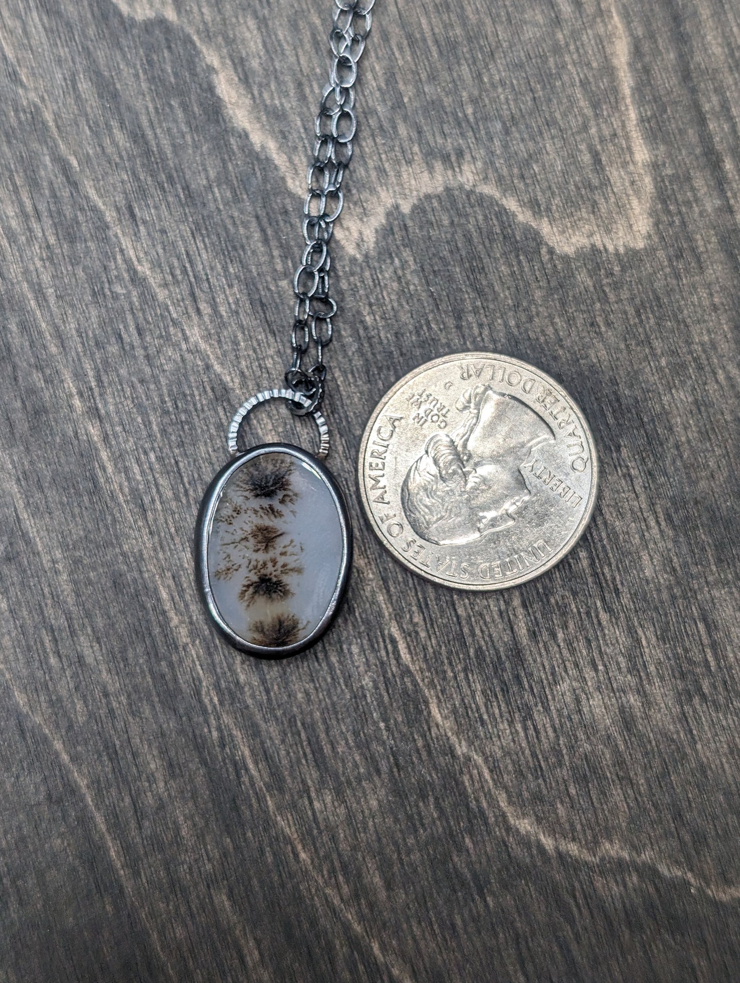 Dendritic Agate Large Oval Slice Textured Sterling Silver Necklace
