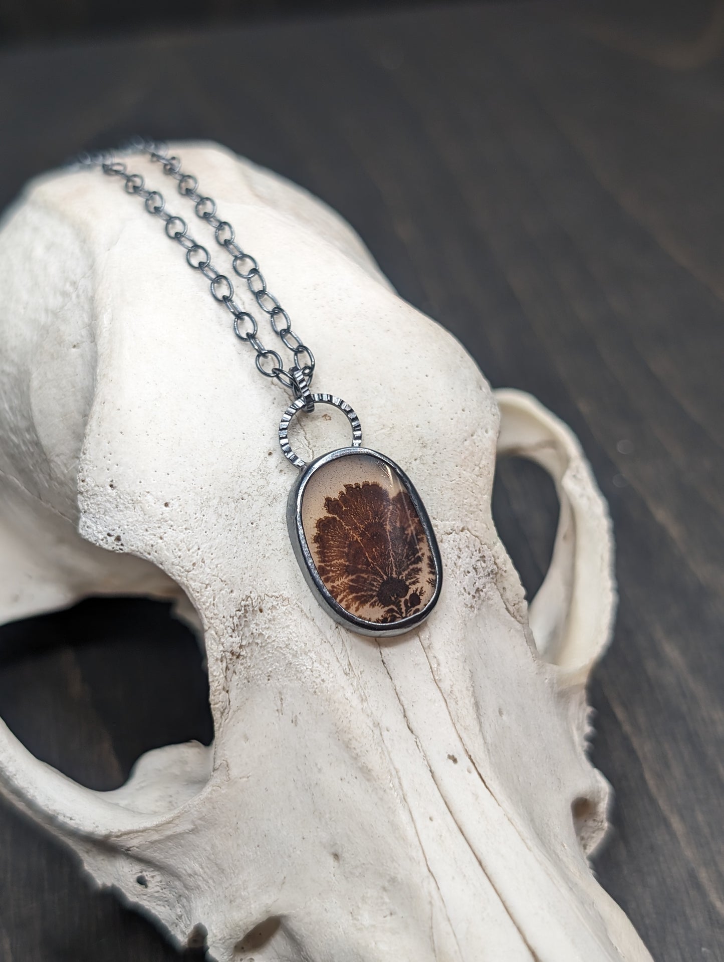 Dendritic Agate Oval Slice Textured Sterling Silver Necklace