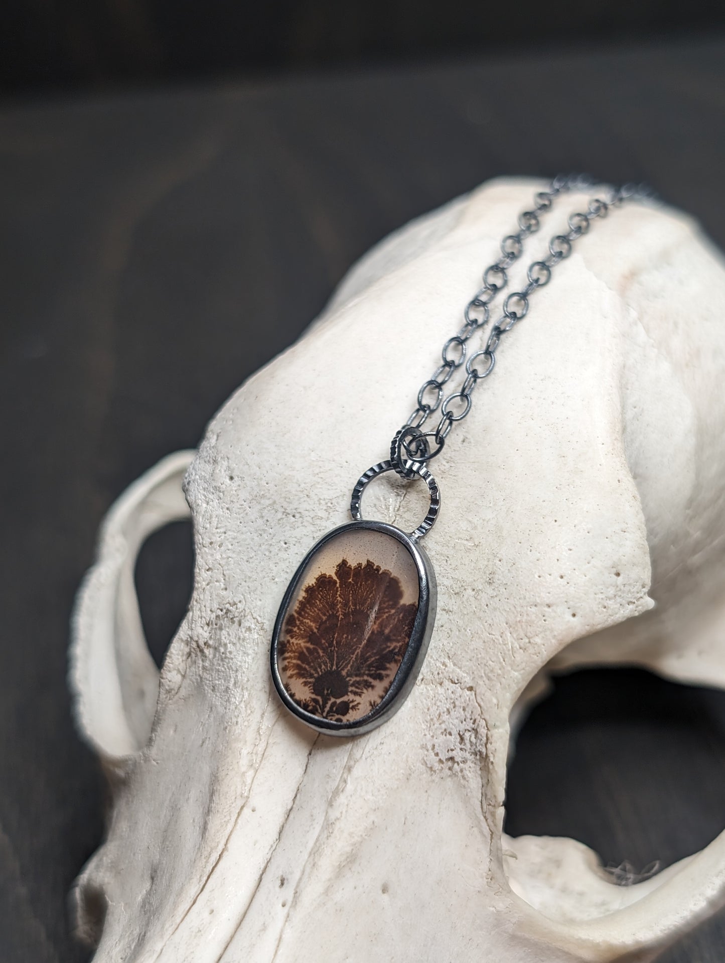 Dendritic Agate Oval Slice Textured Sterling Silver Necklace