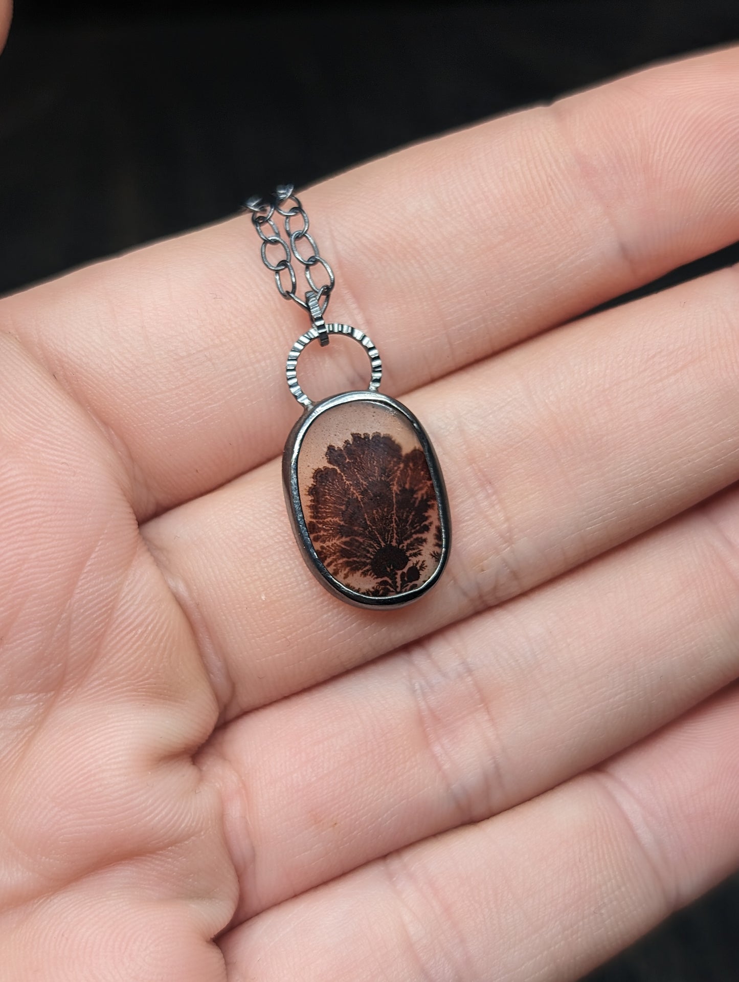 Dendritic Agate Oval Slice Textured Sterling Silver Necklace