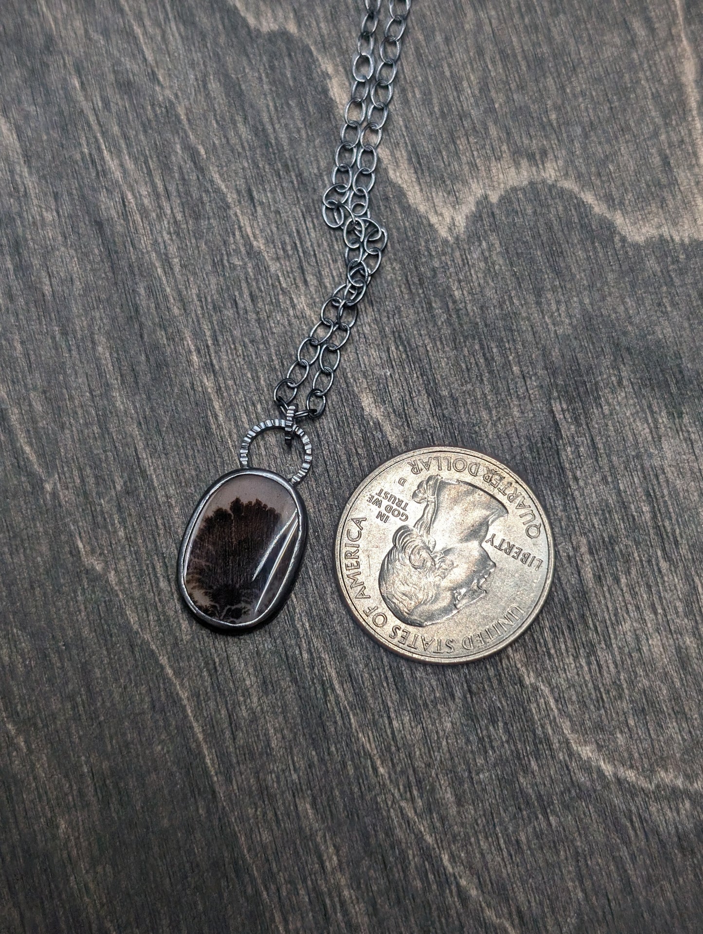 Dendritic Agate Oval Slice Textured Sterling Silver Necklace