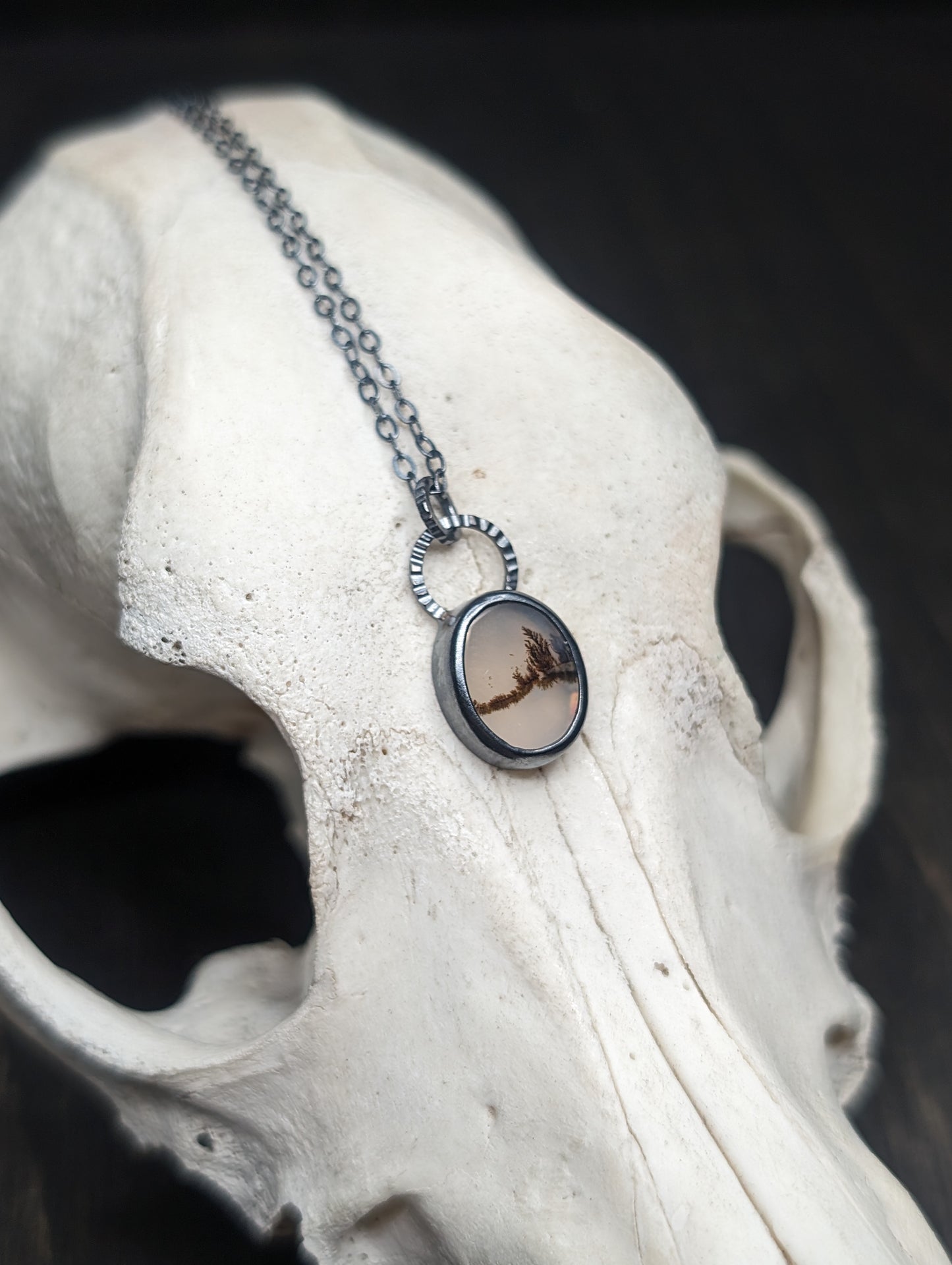 Dendritic Agate Dainty Oval Slice Textured Sterling Silver Necklace