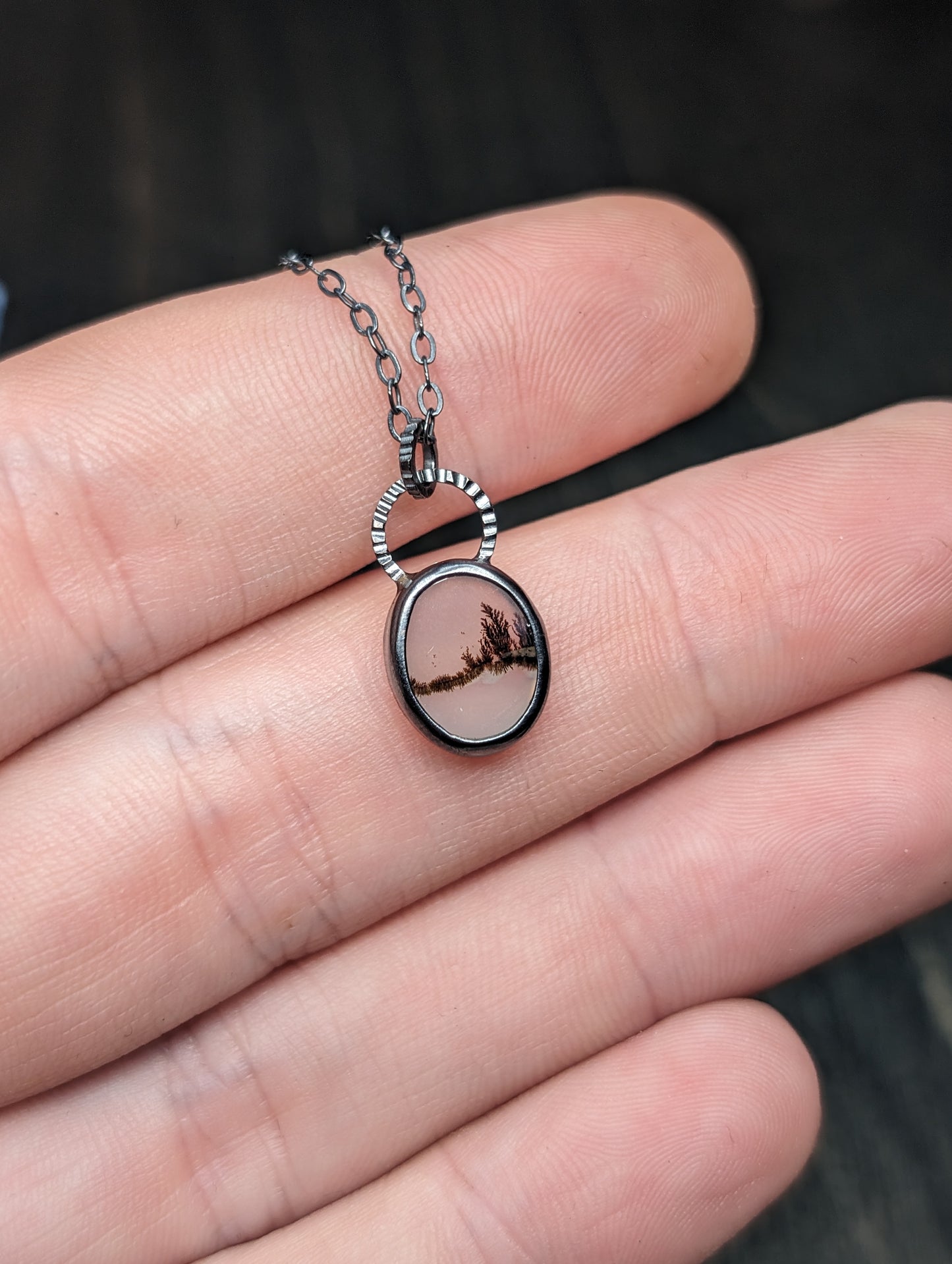 Dendritic Agate Dainty Oval Slice Textured Sterling Silver Necklace