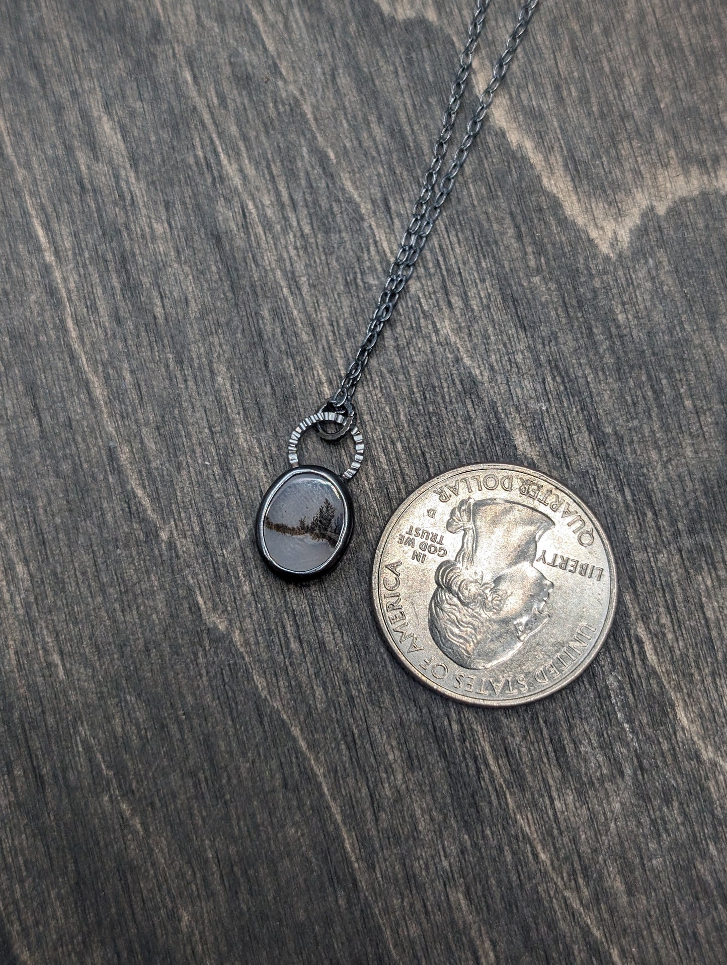 Dendritic Agate Dainty Oval Slice Textured Sterling Silver Necklace
