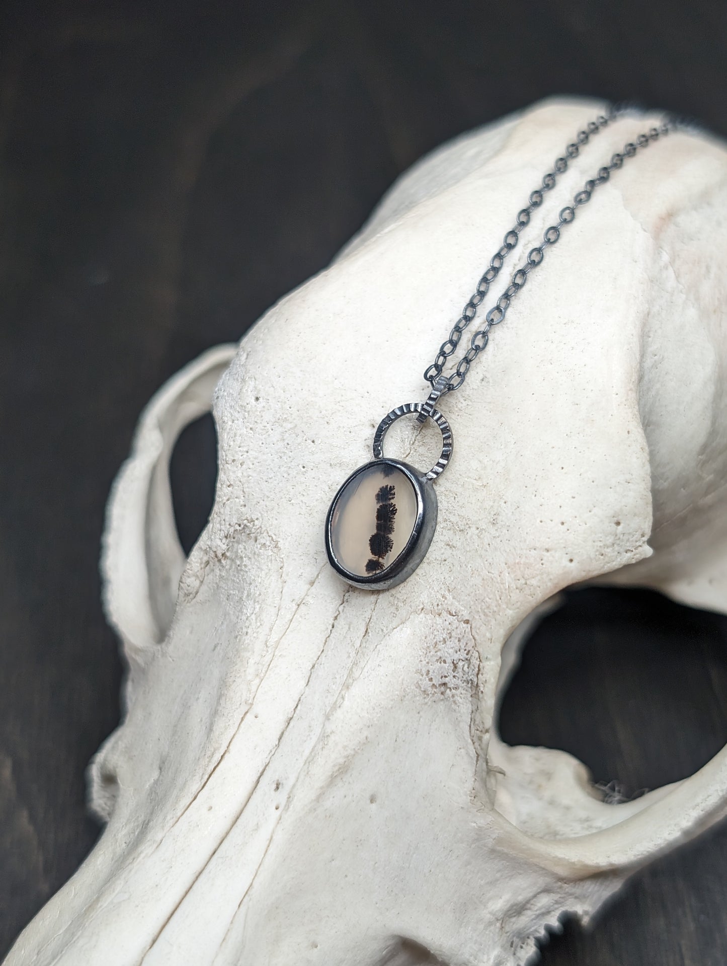 Dendritic Agate Dainty Oval Slice Textured Sterling Silver Necklace
