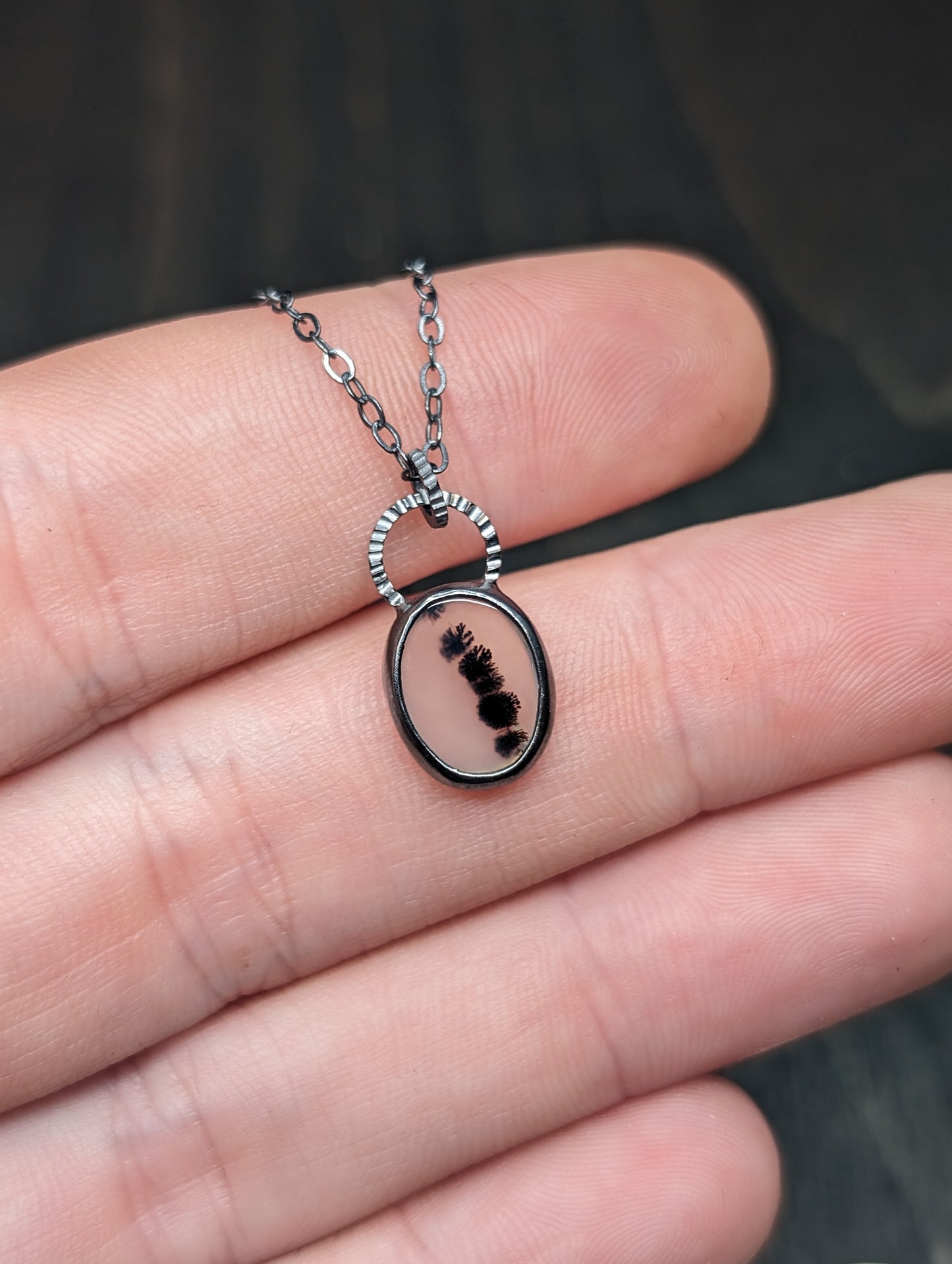 Dendritic Agate Dainty Oval Slice Textured Sterling Silver Necklace