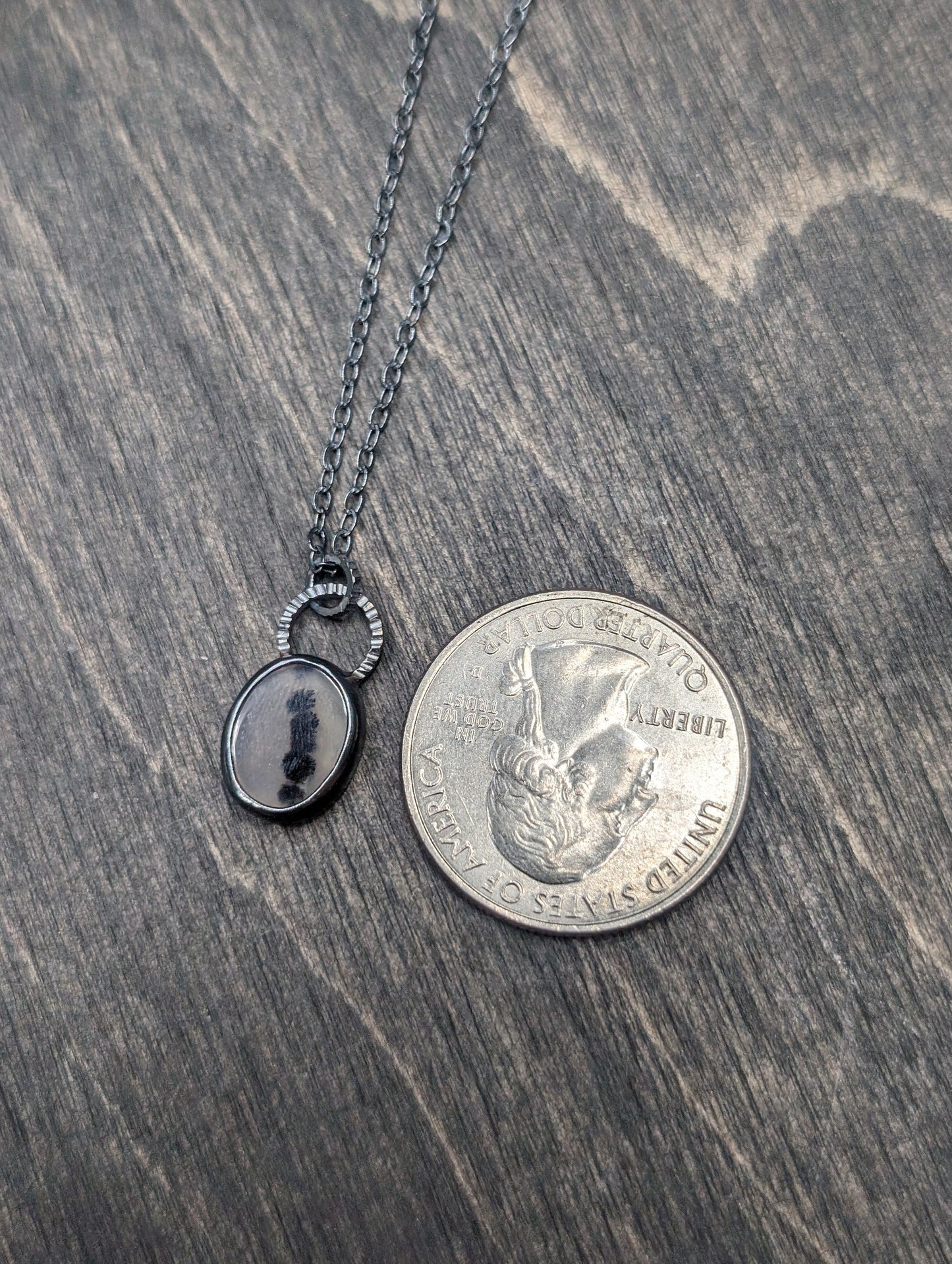 Dendritic Agate Dainty Oval Slice Textured Sterling Silver Necklace