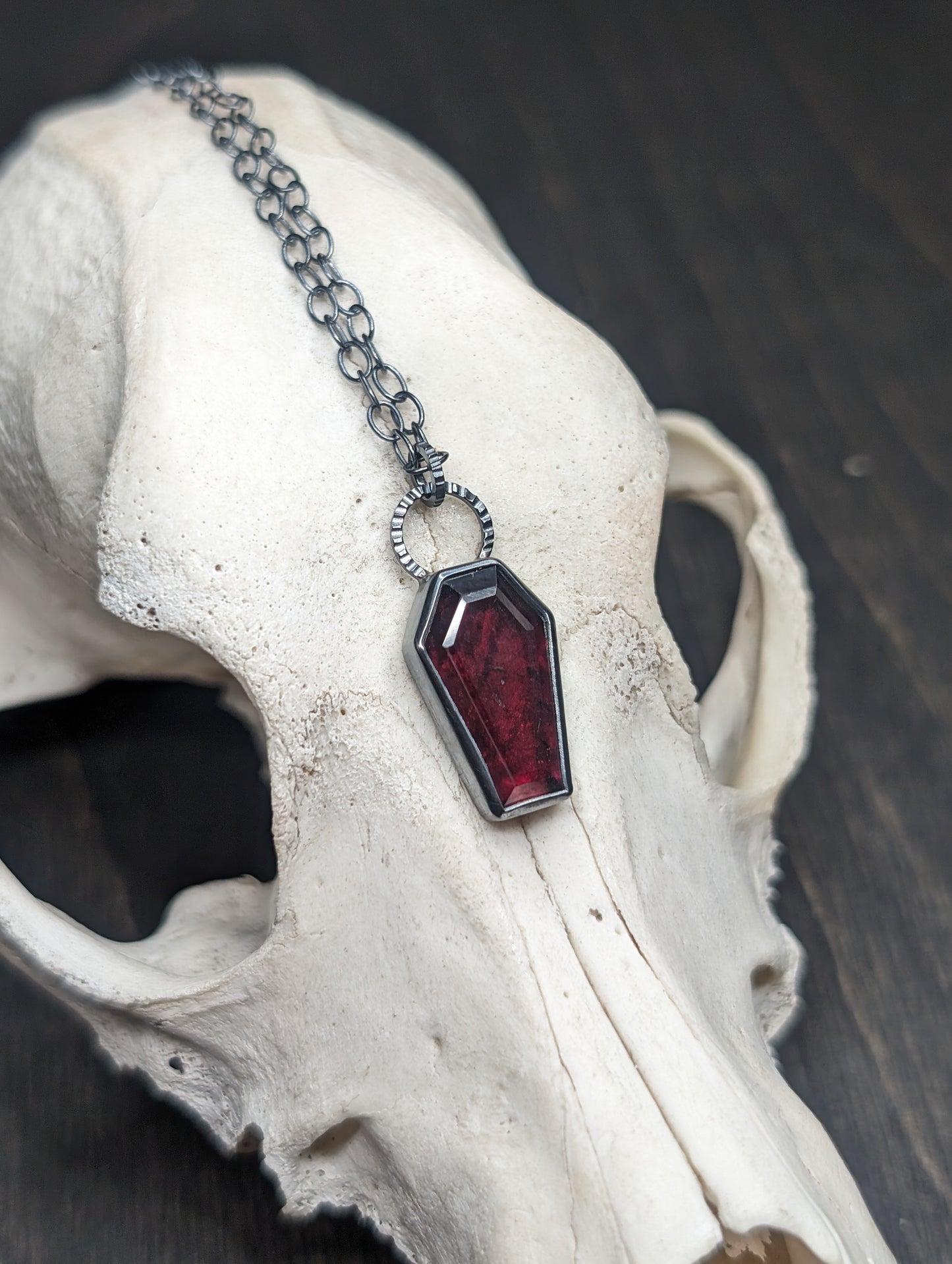 Garnet Coffin Textured Sterling Silver Necklace