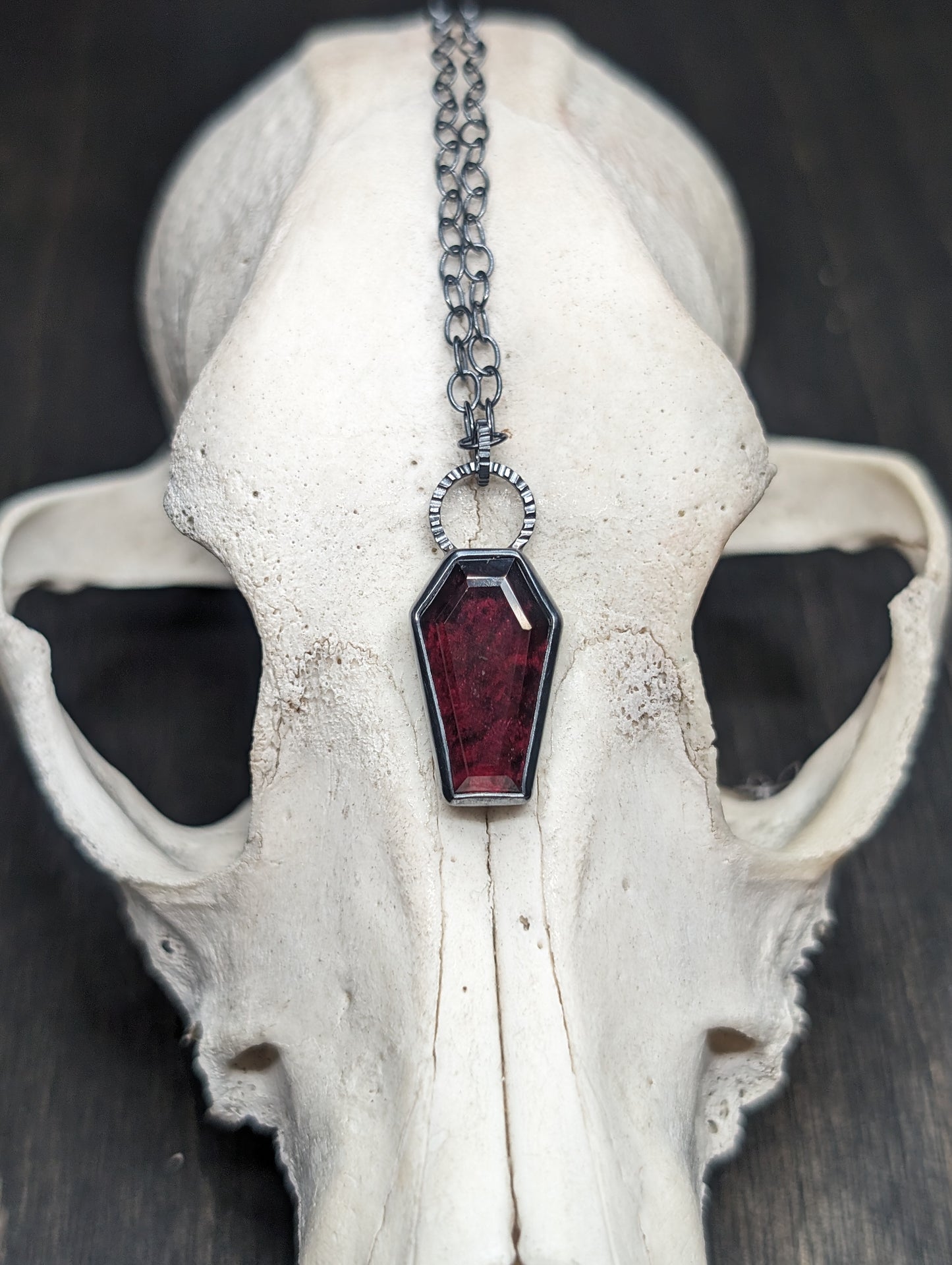 Garnet Coffin Textured Sterling Silver Necklace