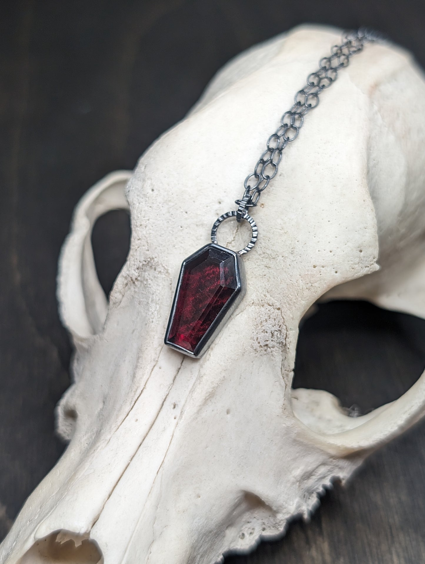 Garnet Coffin Textured Sterling Silver Necklace