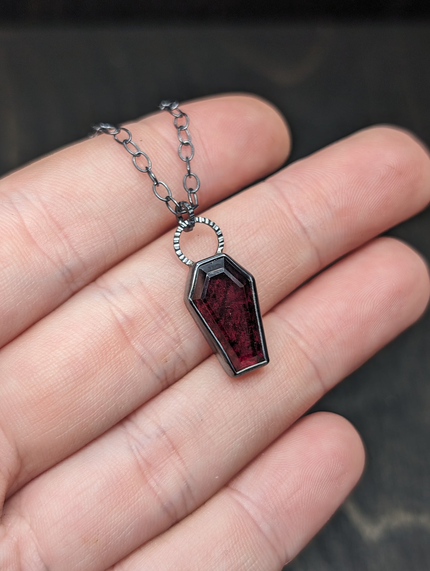Garnet Coffin Textured Sterling Silver Necklace