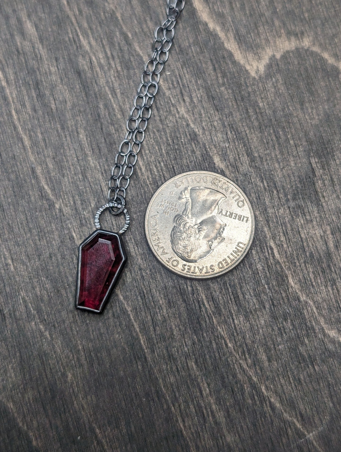 Garnet Coffin Textured Sterling Silver Necklace
