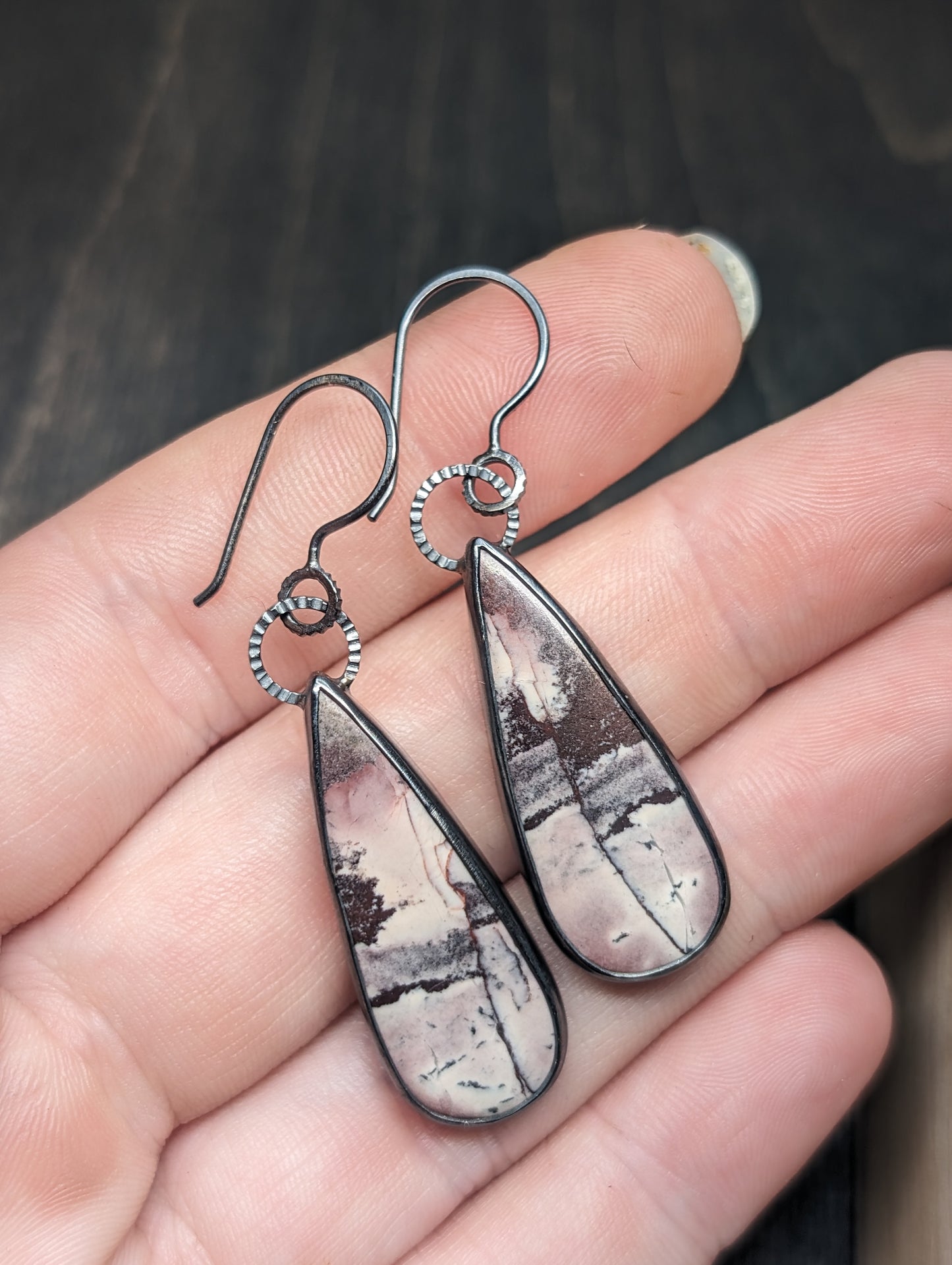 Porcelain Jasper Textured Sterling Silver Dangle Earrings