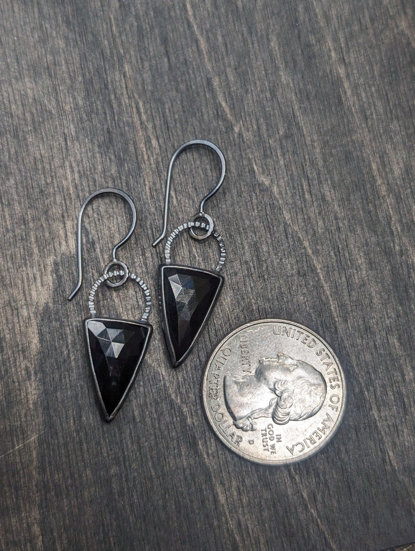 Black Onyx Triangle Textured Sterling Silver Dangle Earrings