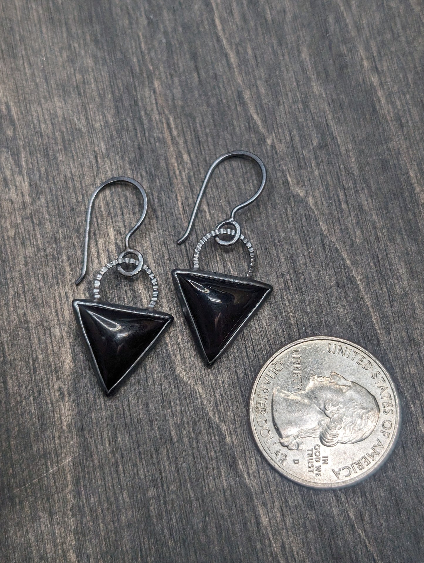 Smooth Black Onyx Triangle Textured Sterling Silver Dangle Earrings