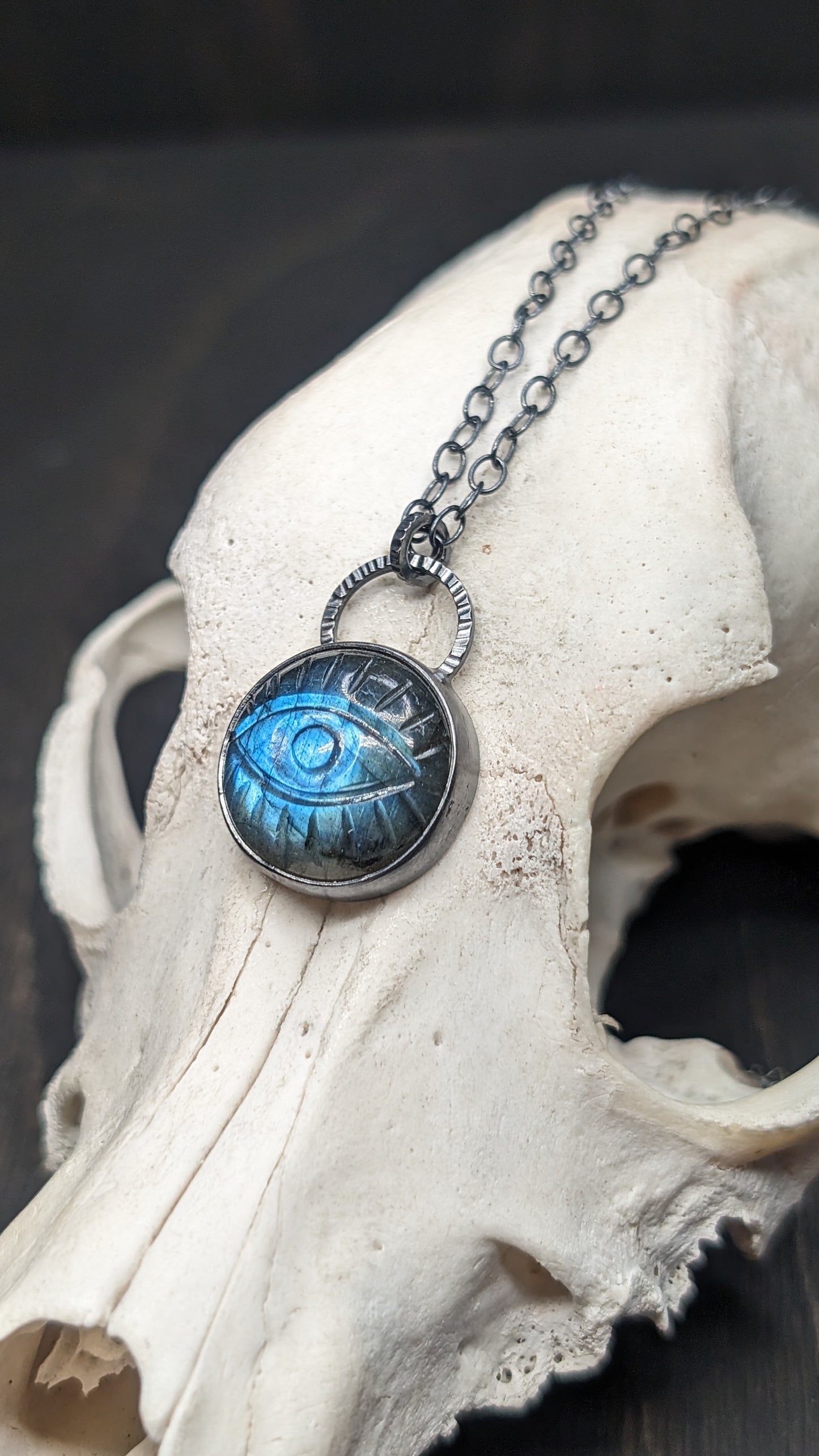 Medium Round Evil Eye Labradorite Textured Sterling Silver Necklace