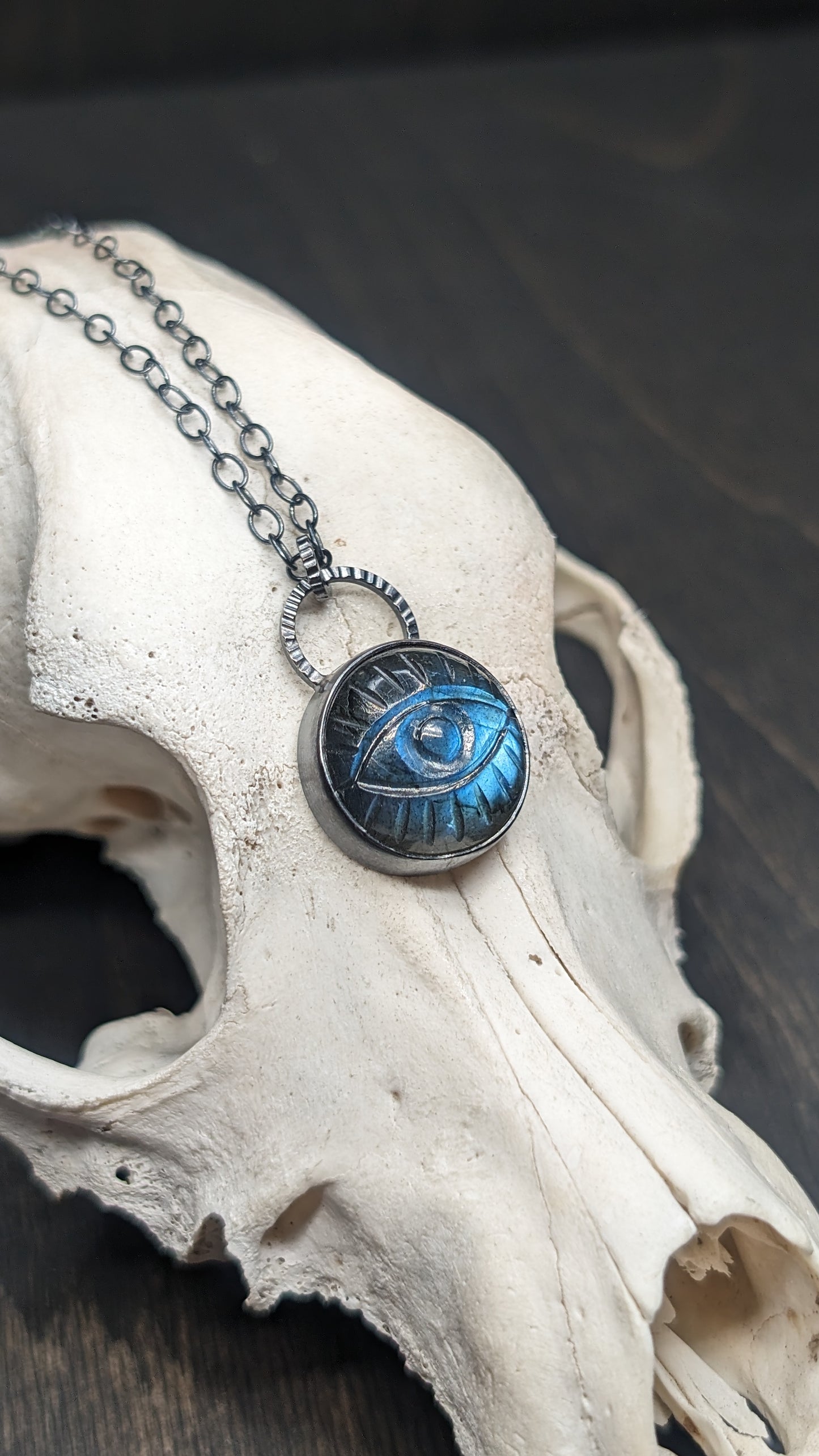 Medium Round Evil Eye Labradorite Textured Sterling Silver Necklace