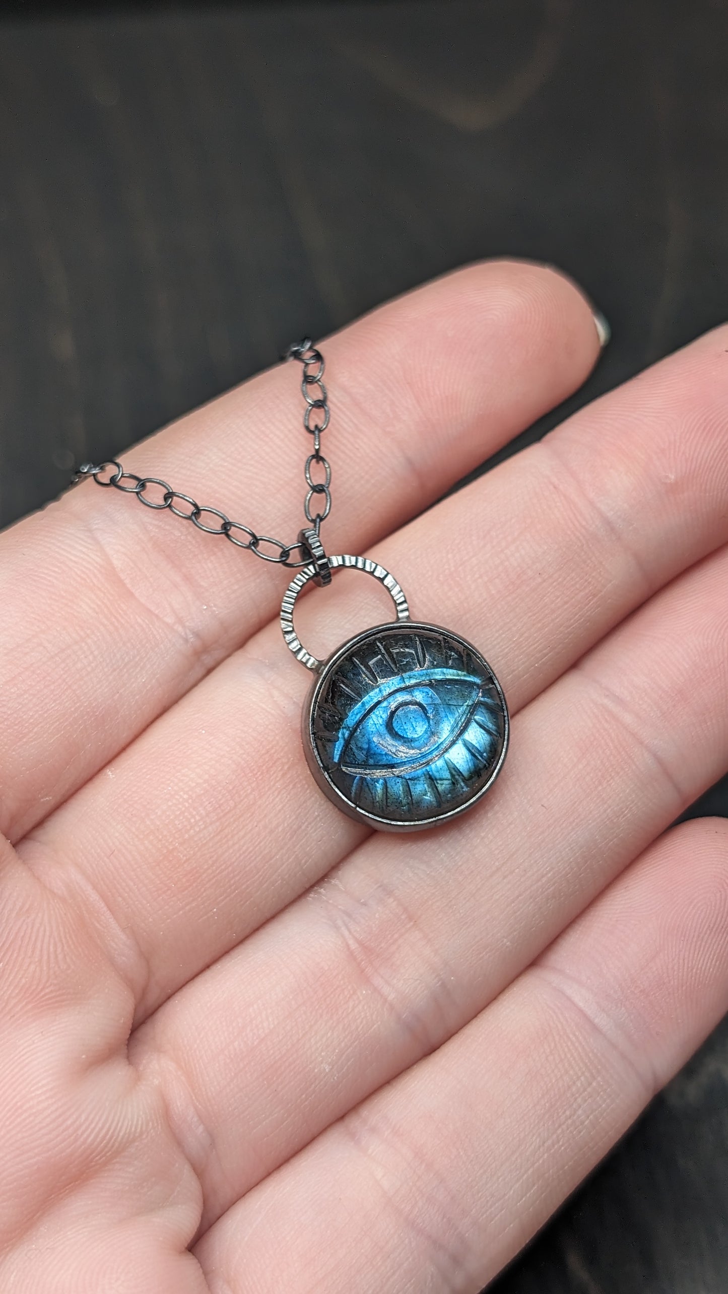Medium Round Evil Eye Labradorite Textured Sterling Silver Necklace