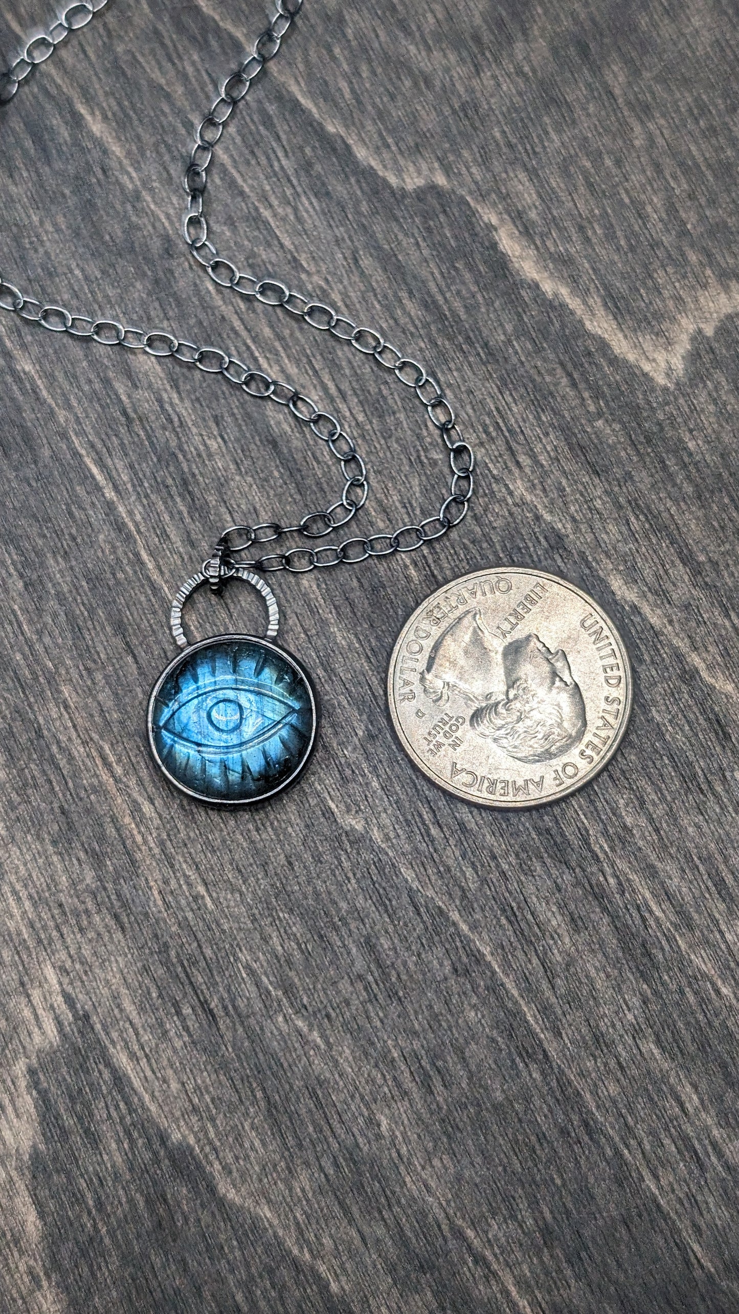 Medium Round Evil Eye Labradorite Textured Sterling Silver Necklace