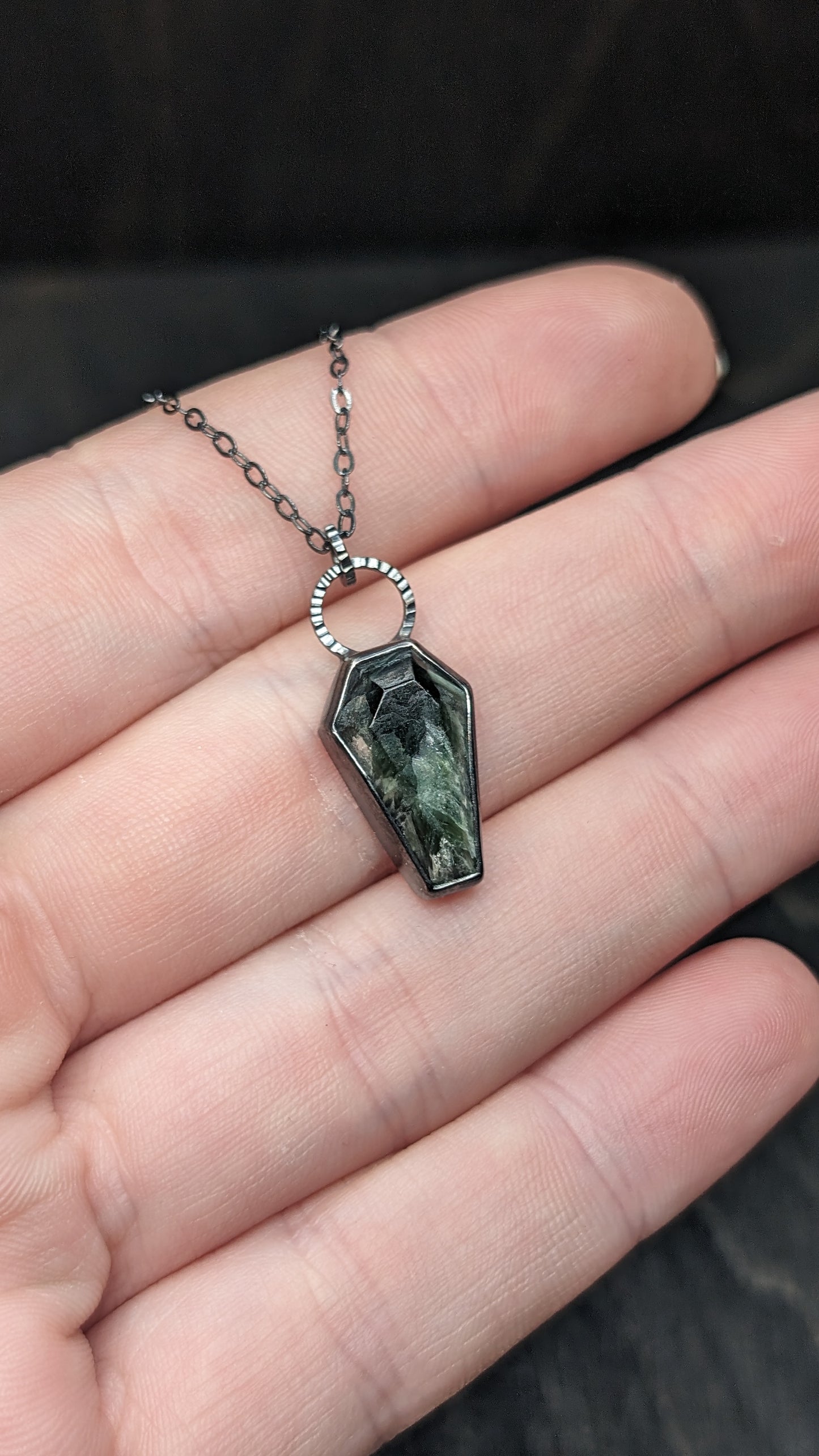 Seraphinite Coffin Textured Sterling Silver Necklace