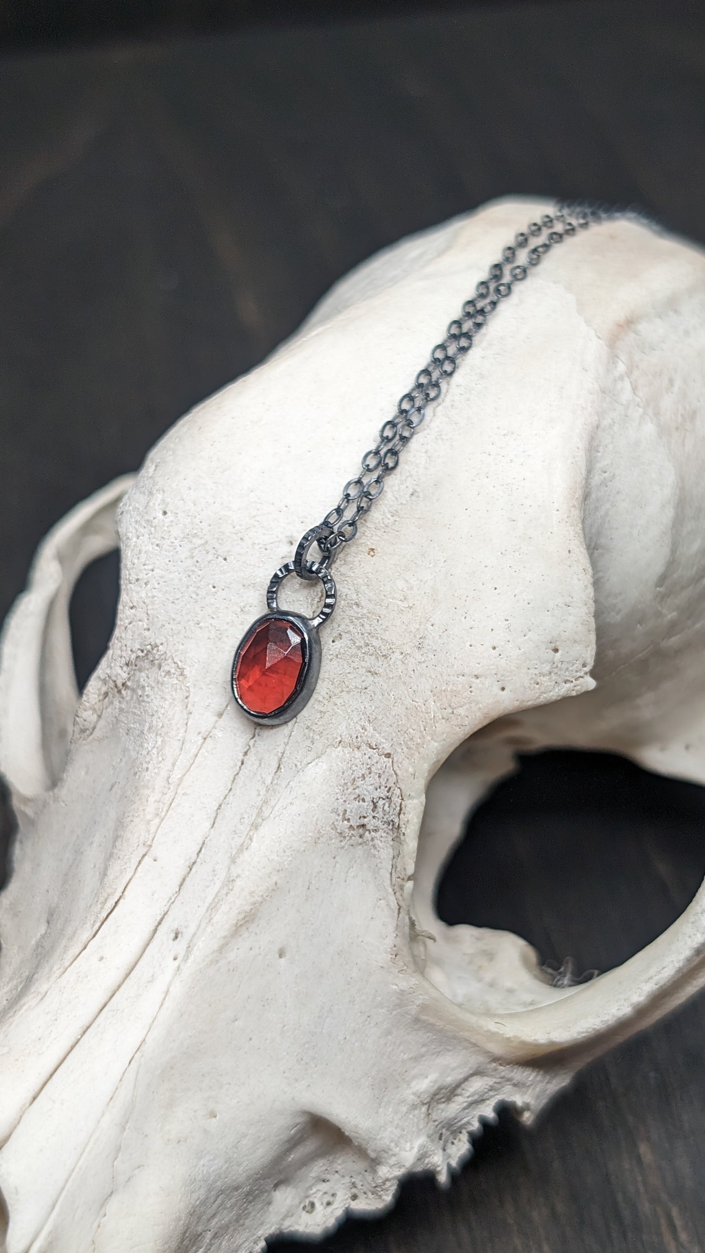 Rose cut Garnet Oval Textured Sterling Silver Necklace