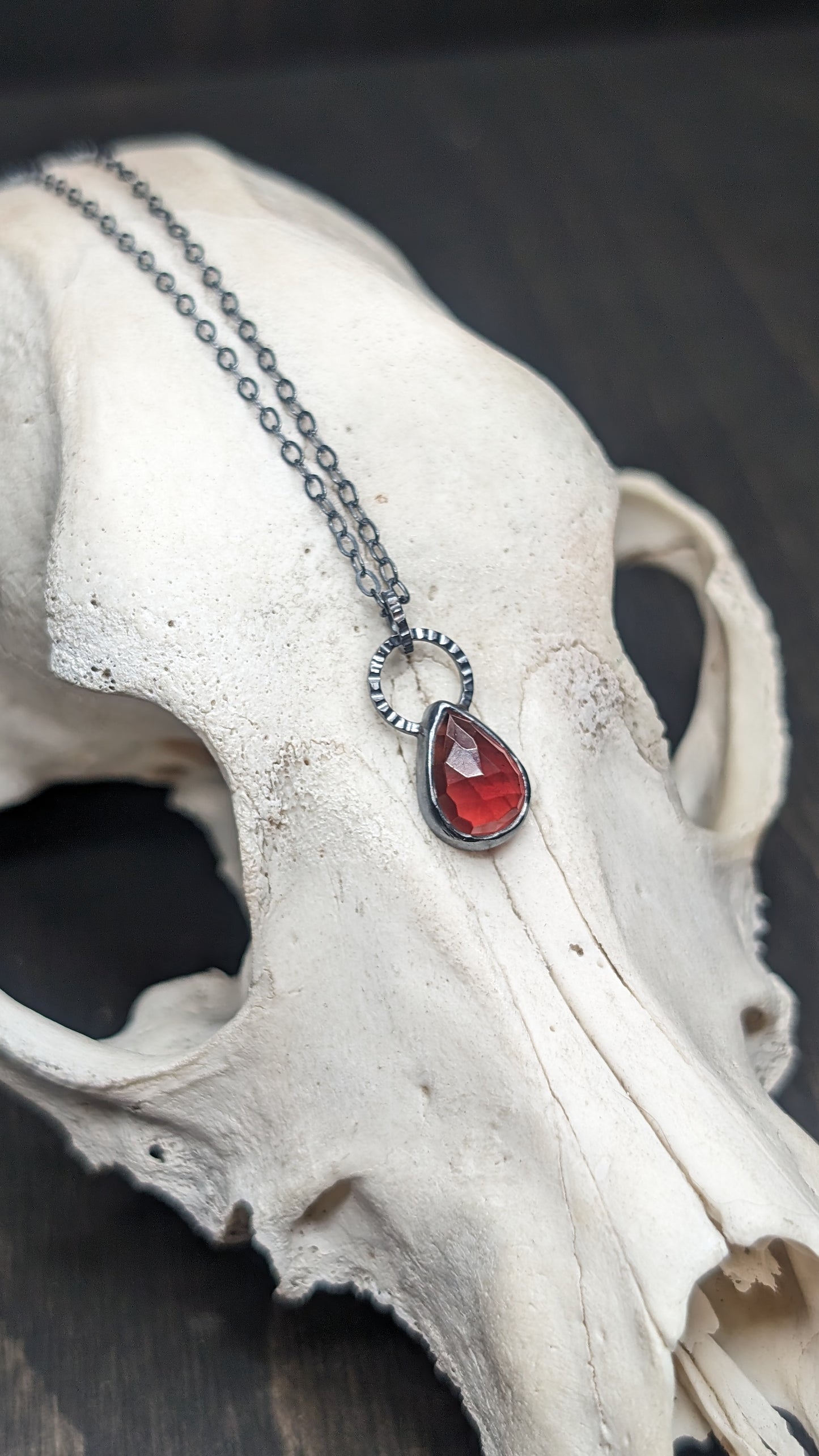 Rose cut Garnet Teardrop Textured Sterling Silver Necklace
