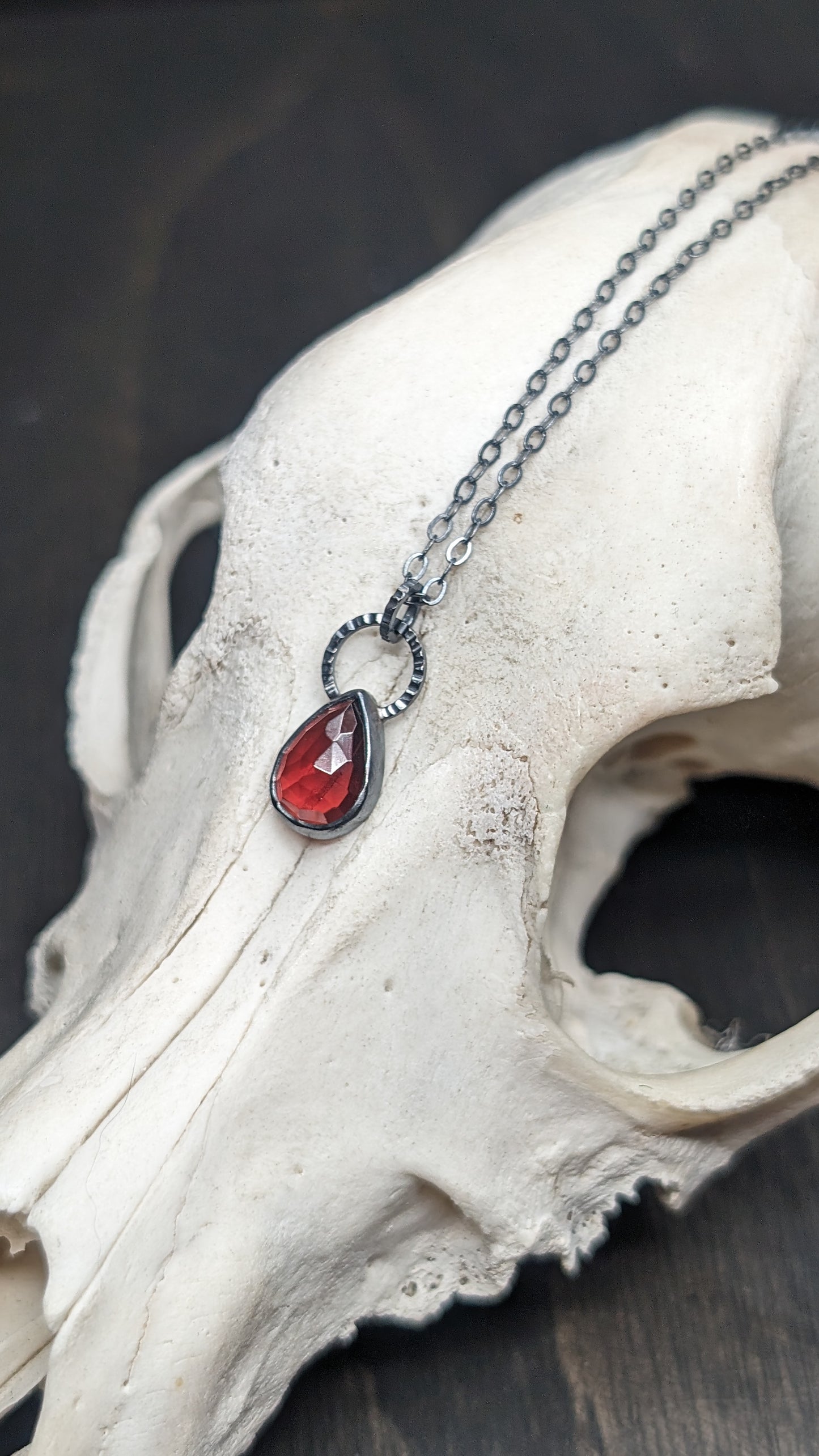 Rose cut Garnet Teardrop Textured Sterling Silver Necklace