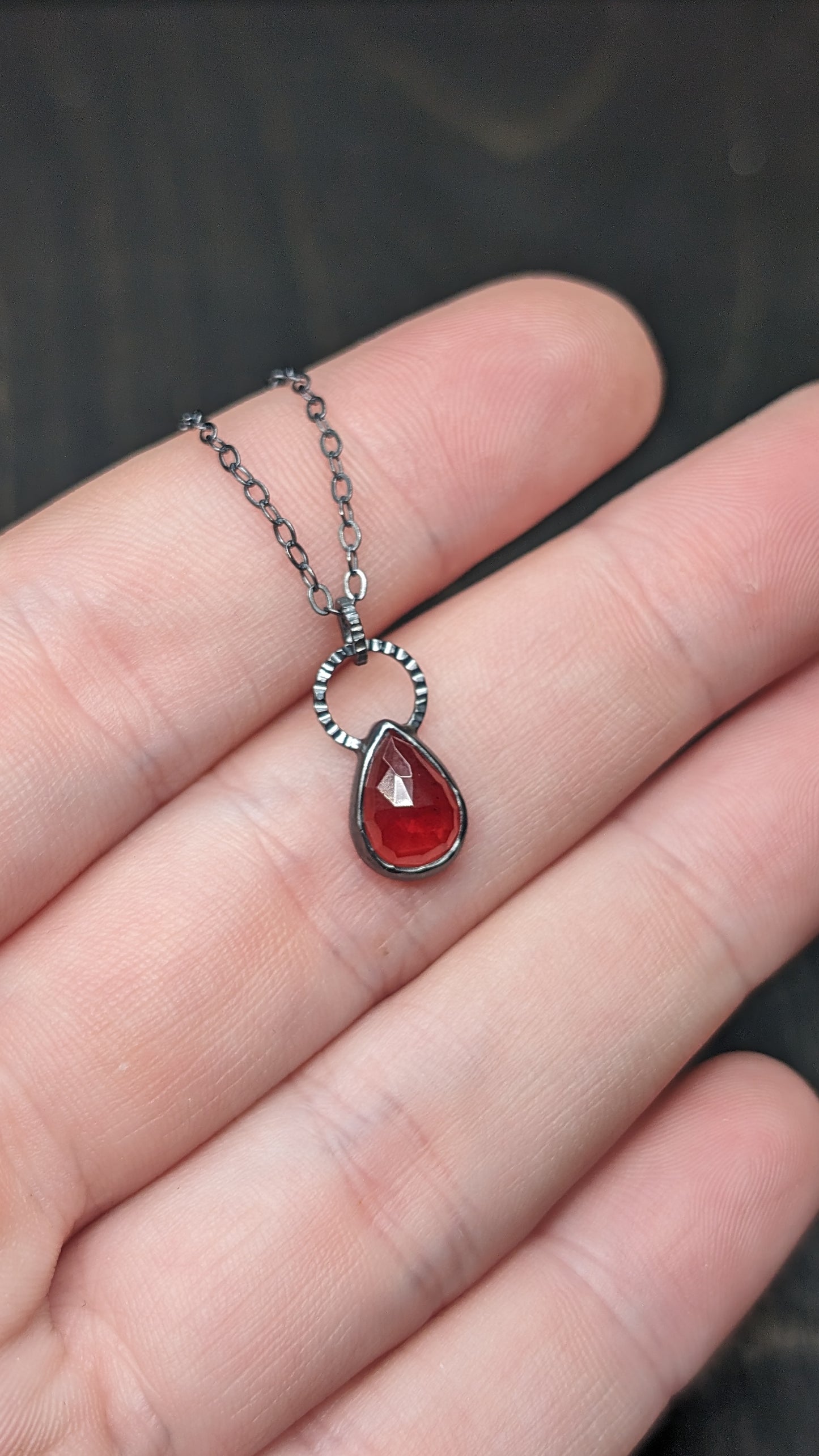 Rose cut Garnet Teardrop Textured Sterling Silver Necklace