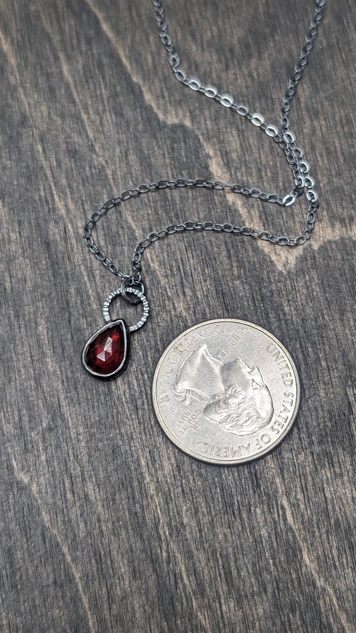 Rose cut Garnet Teardrop Textured Sterling Silver Necklace